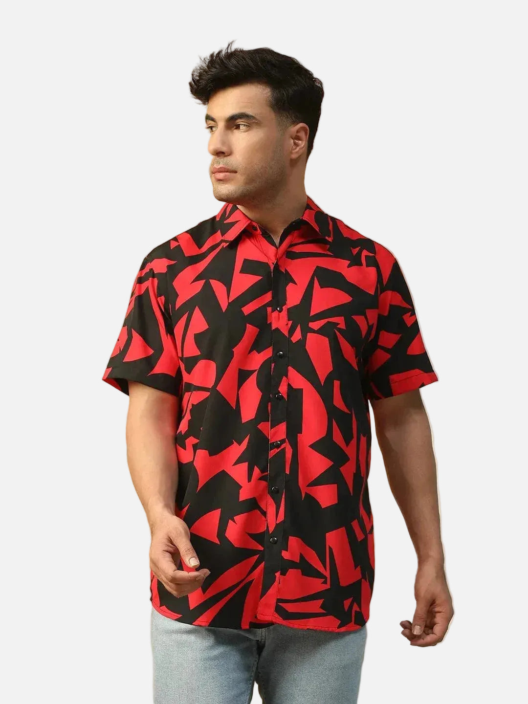 Strong Red Abstract Print Collared Short Sleeve Men Oversized Shirt - oxolloxo