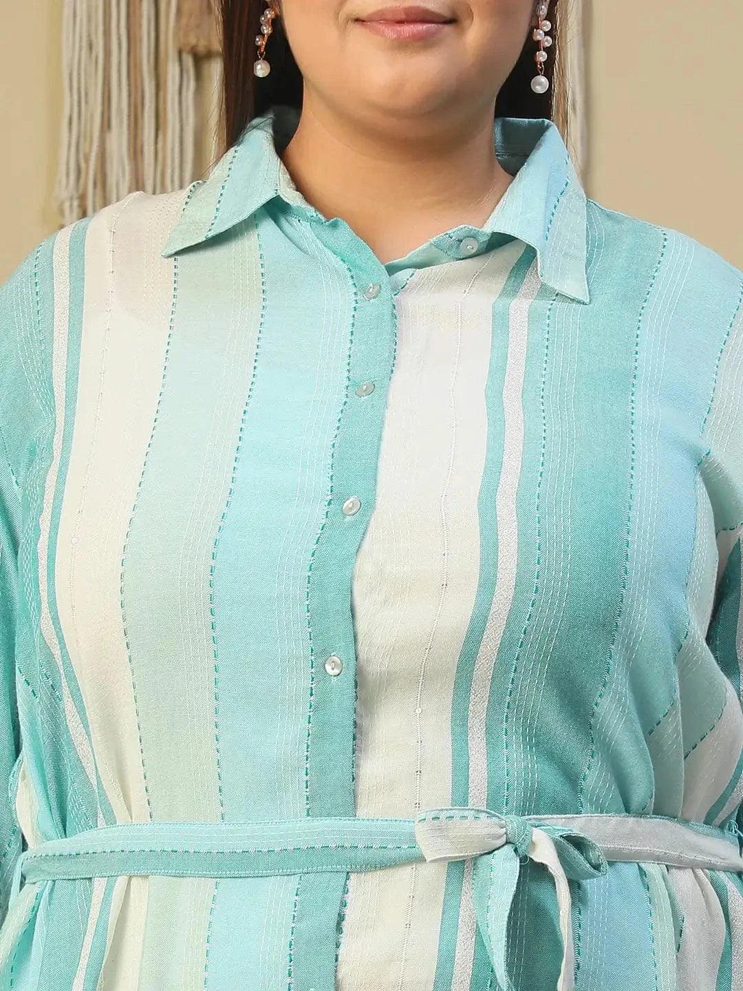 Blue Stripe Print Collared Button Down With Waist Belt Plus Size Women Yarn Dyed Cotton Dobby Dress - oxolloxo