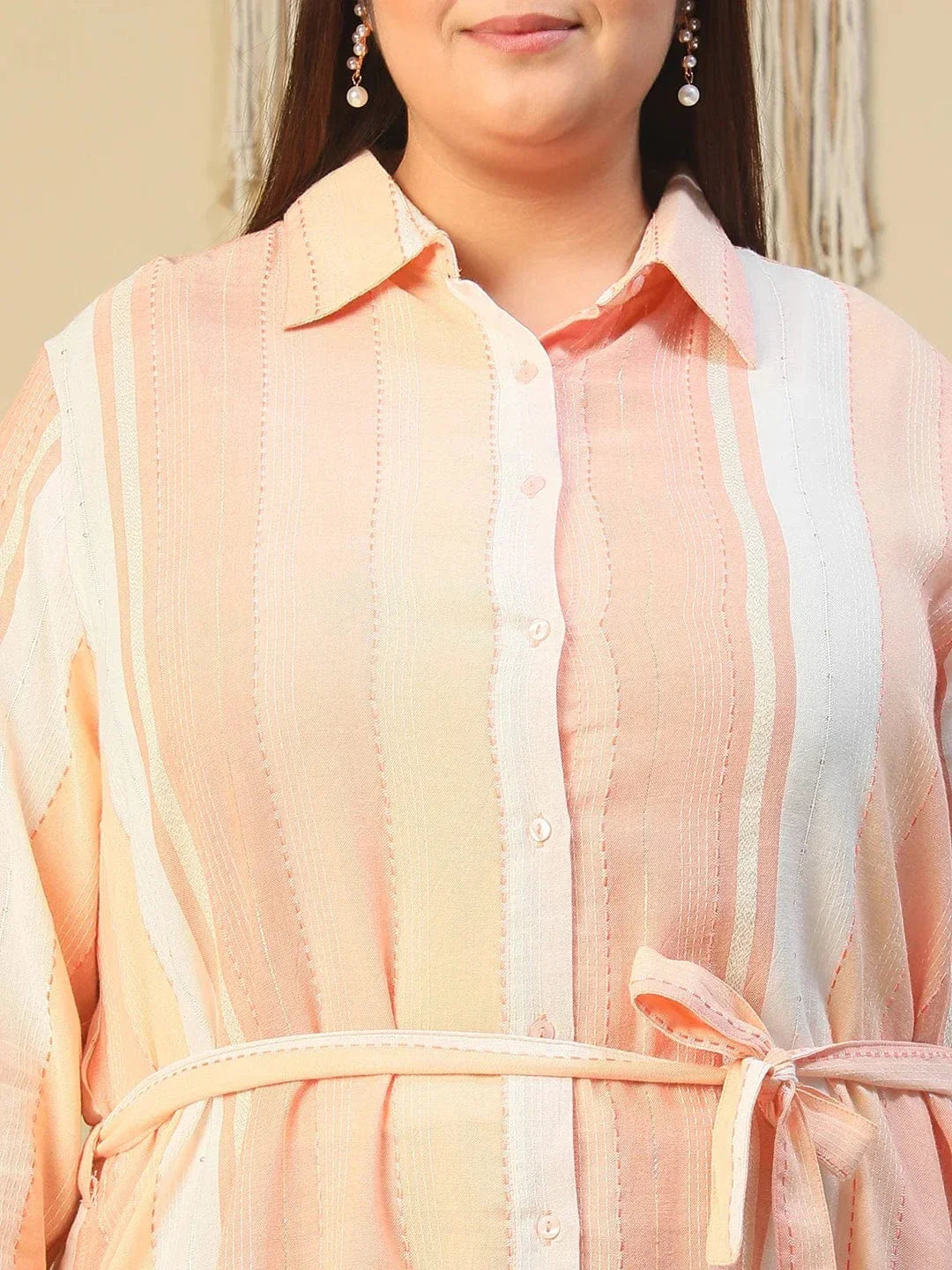 Peach Stripe Print Collared Button Down With Waist Belt Plus Size Women Yarn Dyed Cotton Dobby Dress - oxolloxo