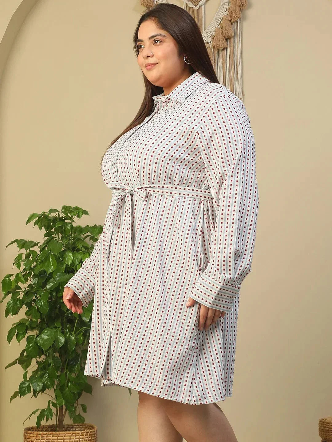 White Collared Button Down With Waist Belt Plus Size Women Yarn Dyed Cotton Dobby Dress - oxolloxo