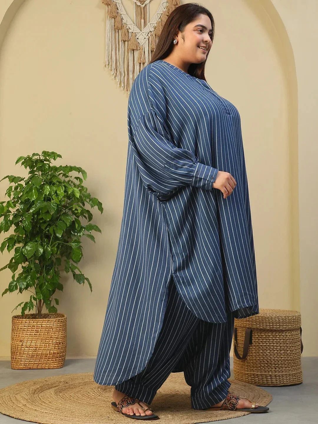 Dark Blue Stripe Print High Low Hem Tunic & Trouser Dobby Textured Plus Size Women Co-Ord Set - oxolloxo