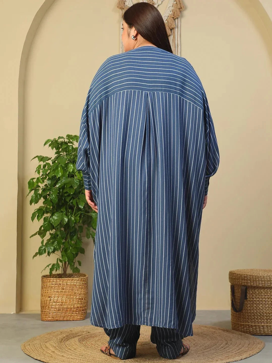 Dark Blue Stripe Print High Low Hem Tunic & Trouser Dobby Textured Plus Size Women Co-Ord Set - oxolloxo