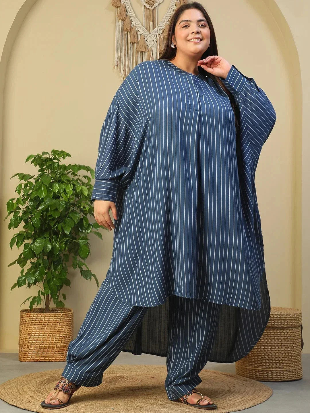 Dark Blue Stripe Print High Low Hem Tunic & Trouser Dobby Textured Plus Size Women Co-Ord Set - oxolloxo
