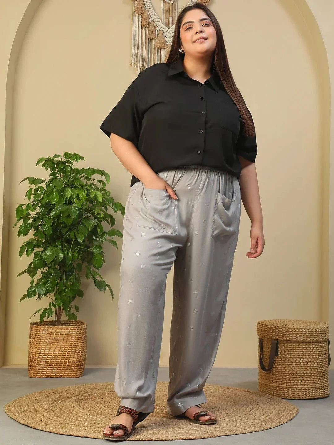 Grey Elasticated Royal Twill Foil Print Plus Size Women Trouser With Front Pockets - oxolloxo