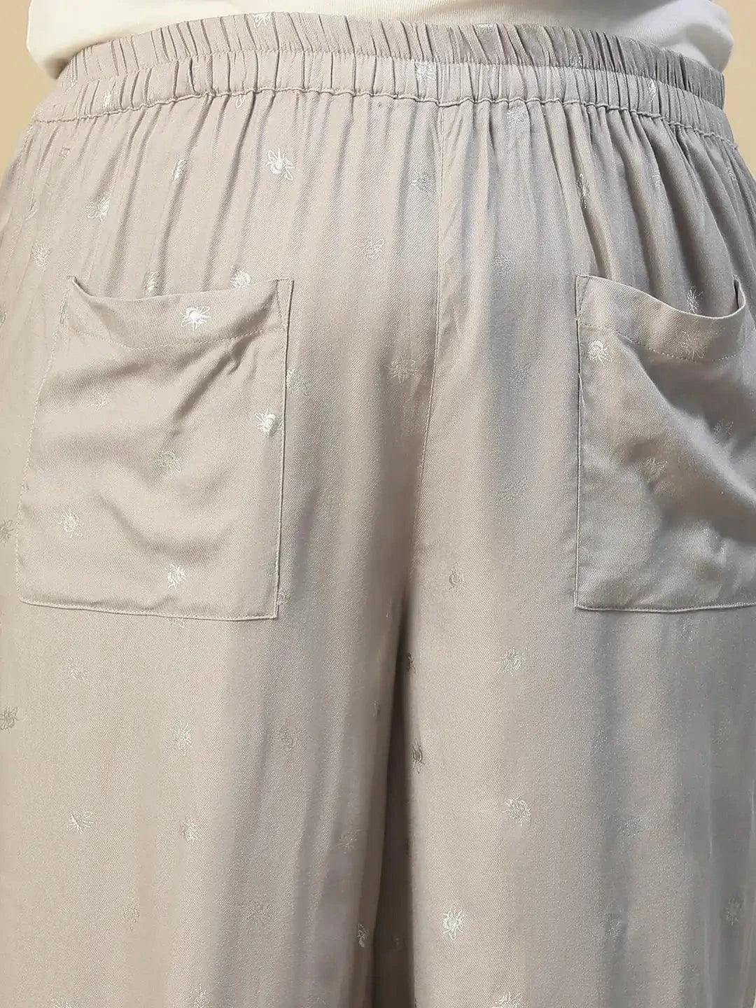 Grey Elasticated Royal Twill Foil Print Plus Size Women Trouser With Front Pockets - oxolloxo