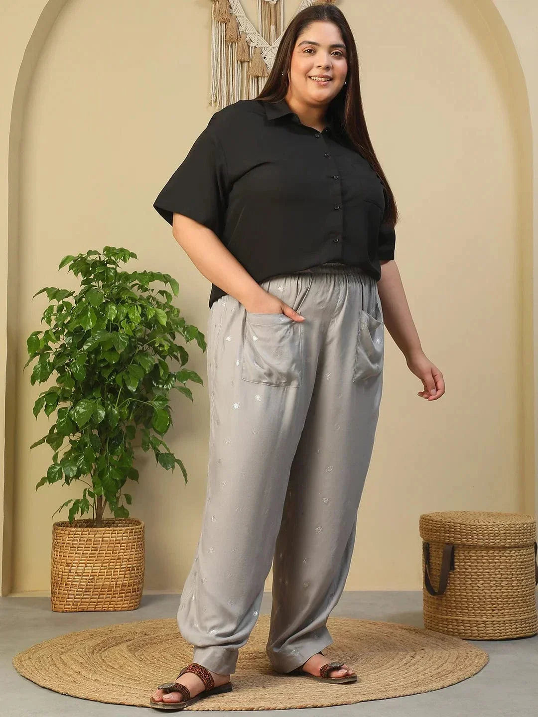 Grey Elasticated Royal Twill Foil Print Plus Size Women Trouser With Front Pockets - oxolloxo