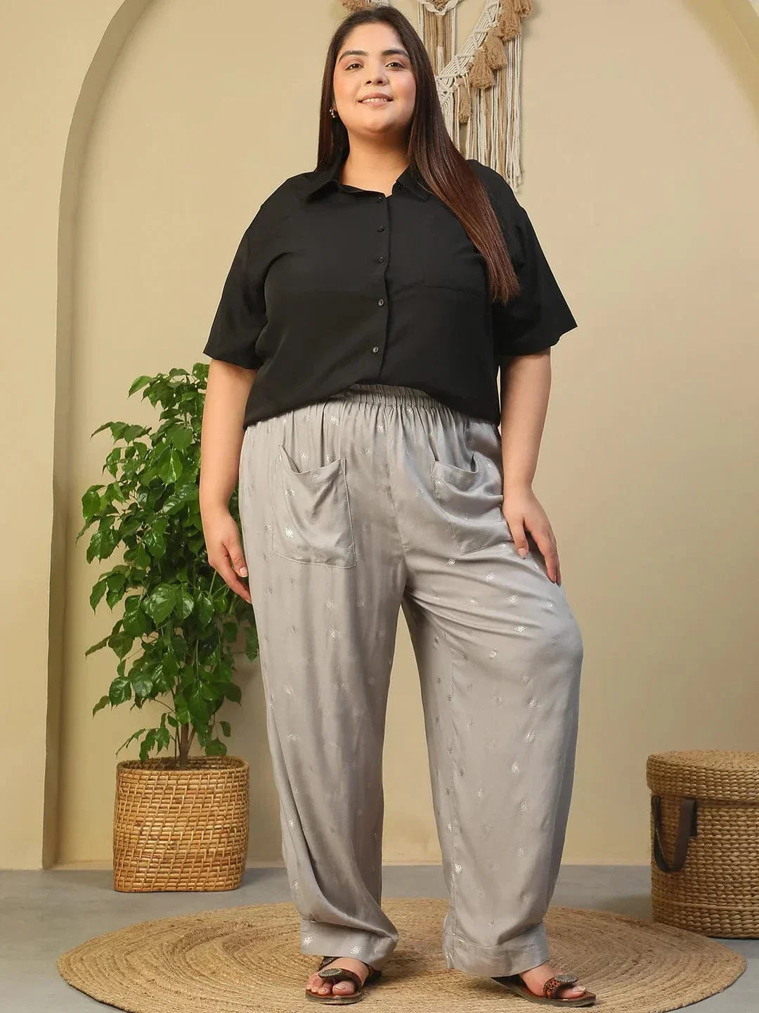 Grey Elasticated Royal Twill Foil Print Plus Size Women Trouser With Front Pockets - oxolloxo