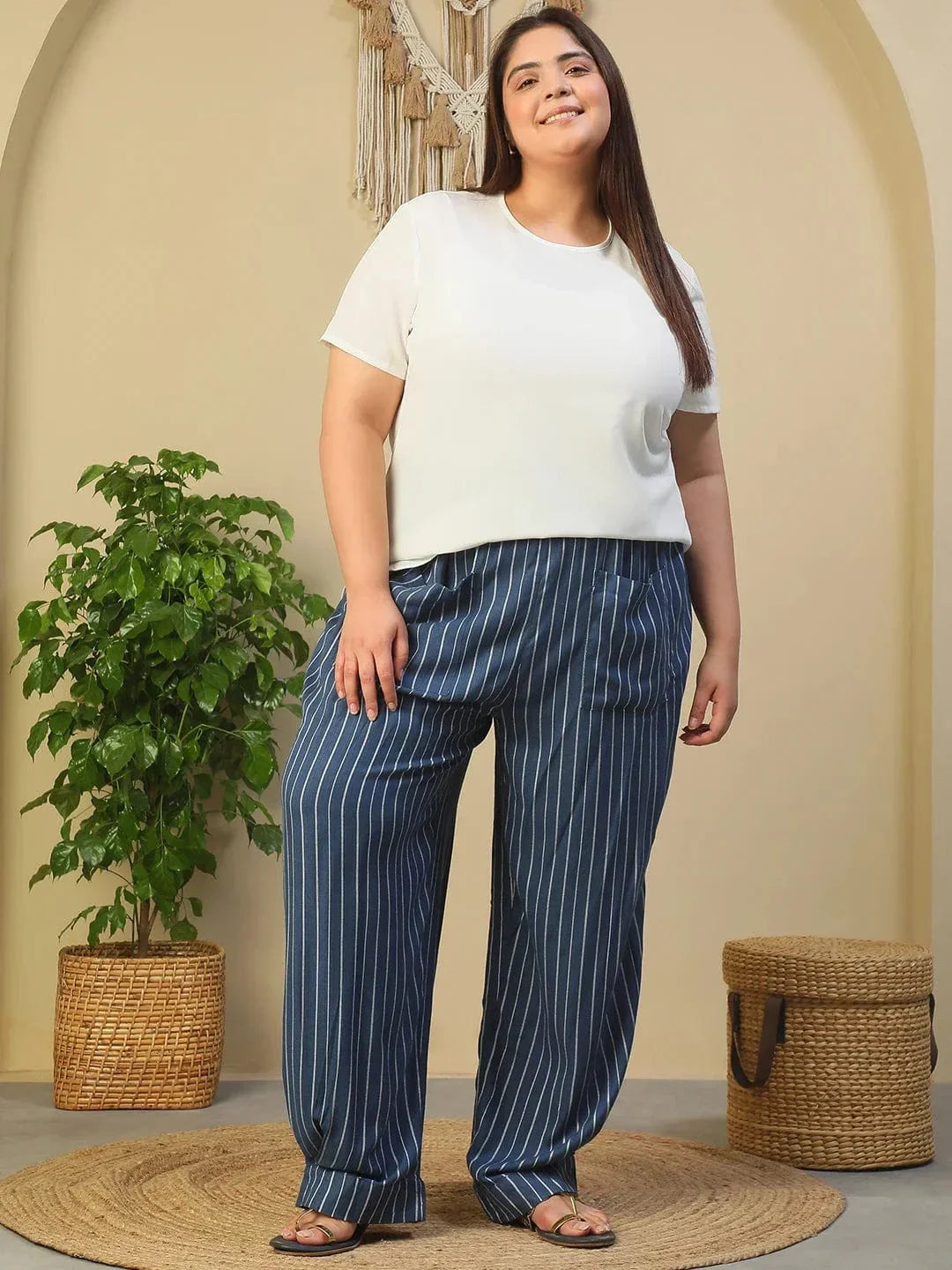 Blue Elasticated Stripe Print Plus Size Women Dobby Trouser With Front Pockets - oxolloxo