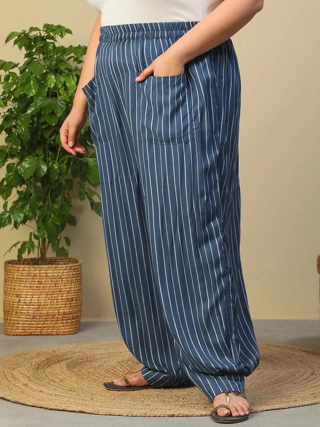 Blue Elasticated Stripe Print Plus Size Women Dobby Trouser With Front Pockets - oxolloxo