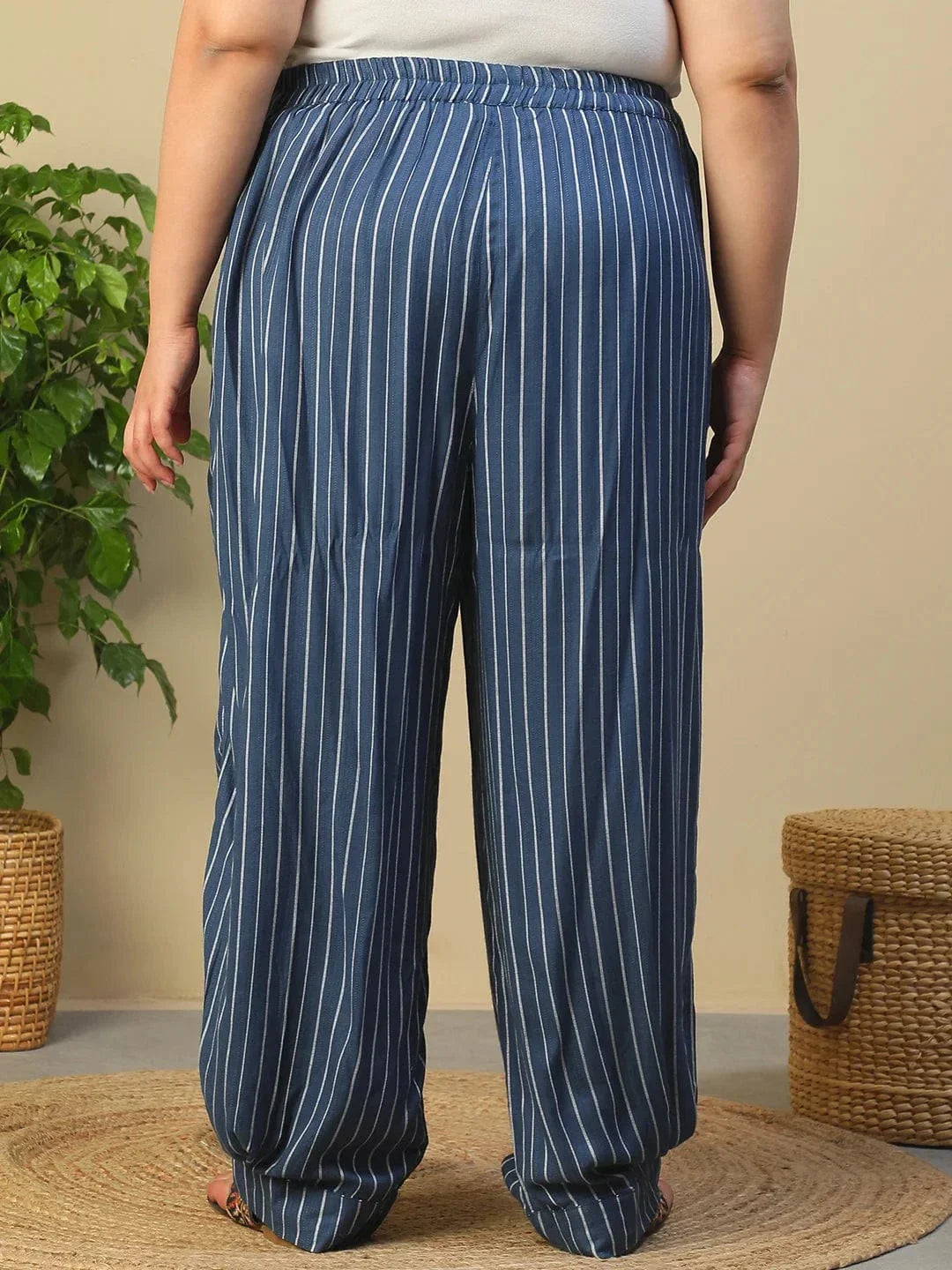 Blue Elasticated Stripe Print Plus Size Women Dobby Trouser With Front Pockets - oxolloxo