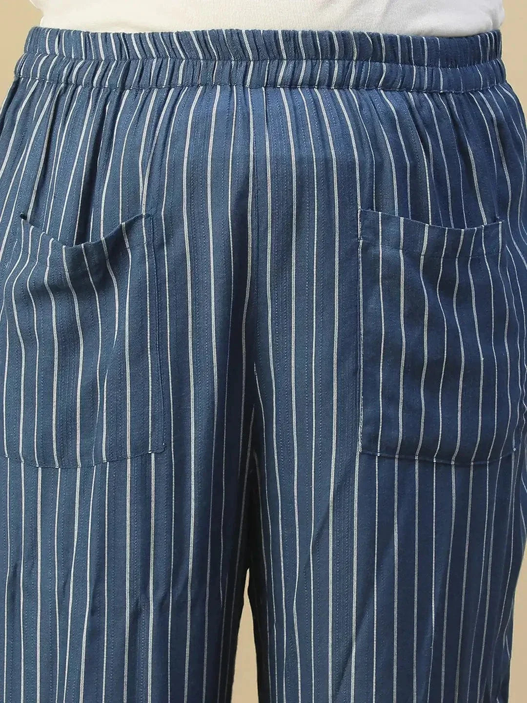 Blue Elasticated Stripe Print Plus Size Women Dobby Trouser With Front Pockets - oxolloxo