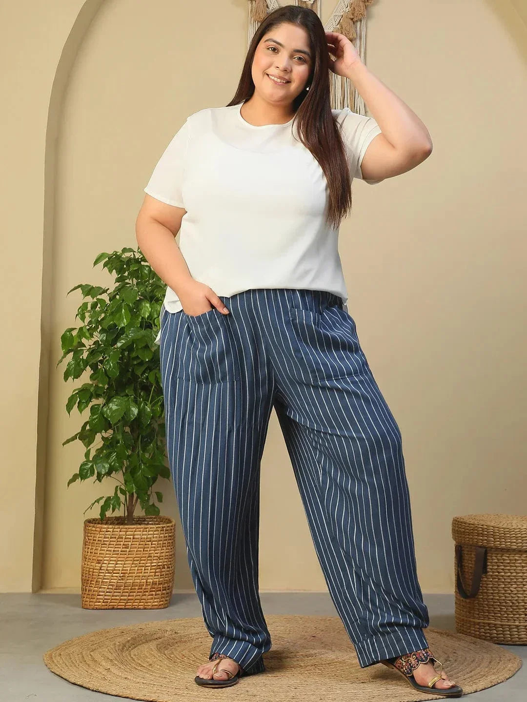 Blue Elasticated Stripe Print Plus Size Women Dobby Trouser With Front Pockets - oxolloxo