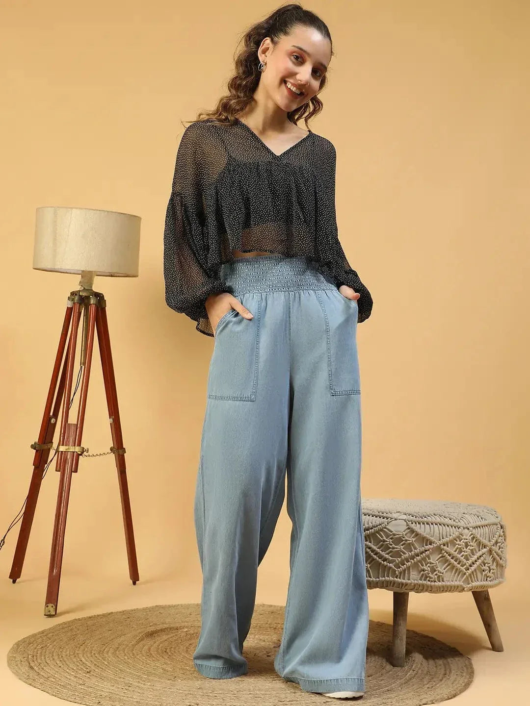 Fine Black Polka Dot Print With Long Extended Baggy Sleeve Women Chiffon Top - oxolloxo