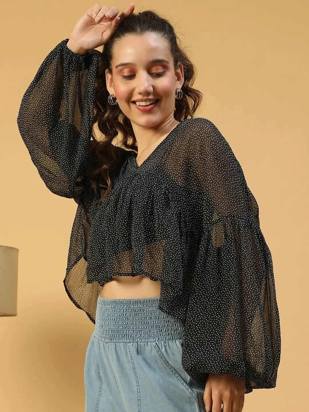 Fine Black Polka Dot Print With Long Extended Baggy Sleeve Women Chiffon Top - oxolloxo