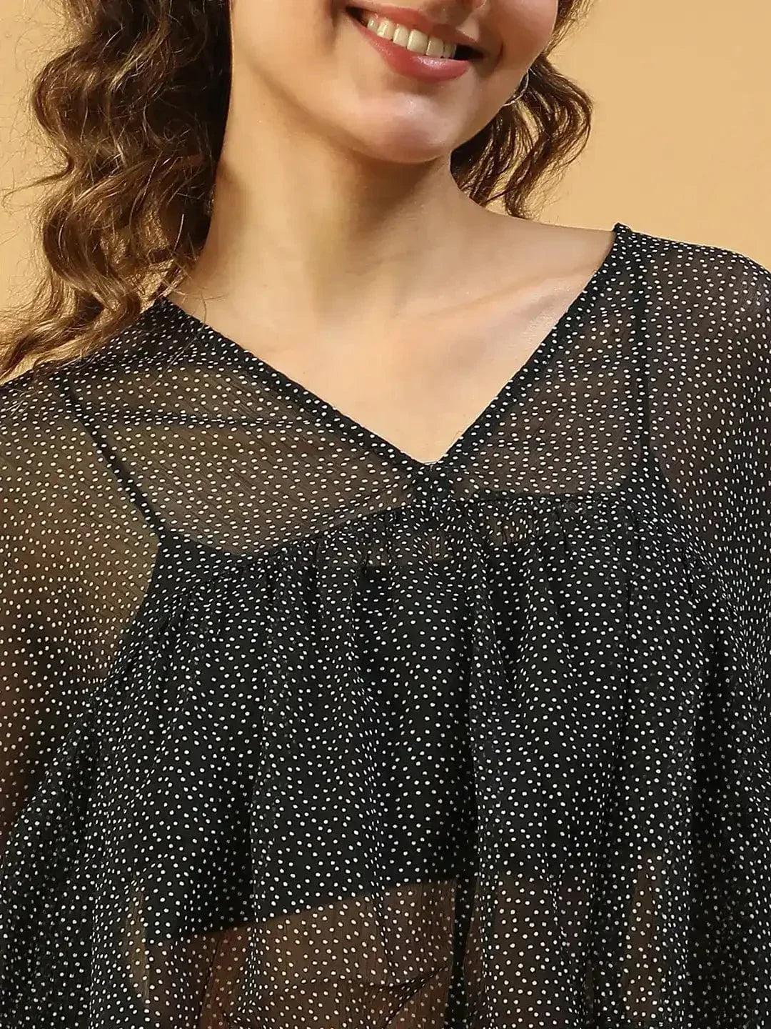 Fine Black Polka Dot Print With Long Extended Baggy Sleeve Women Chiffon Top - oxolloxo