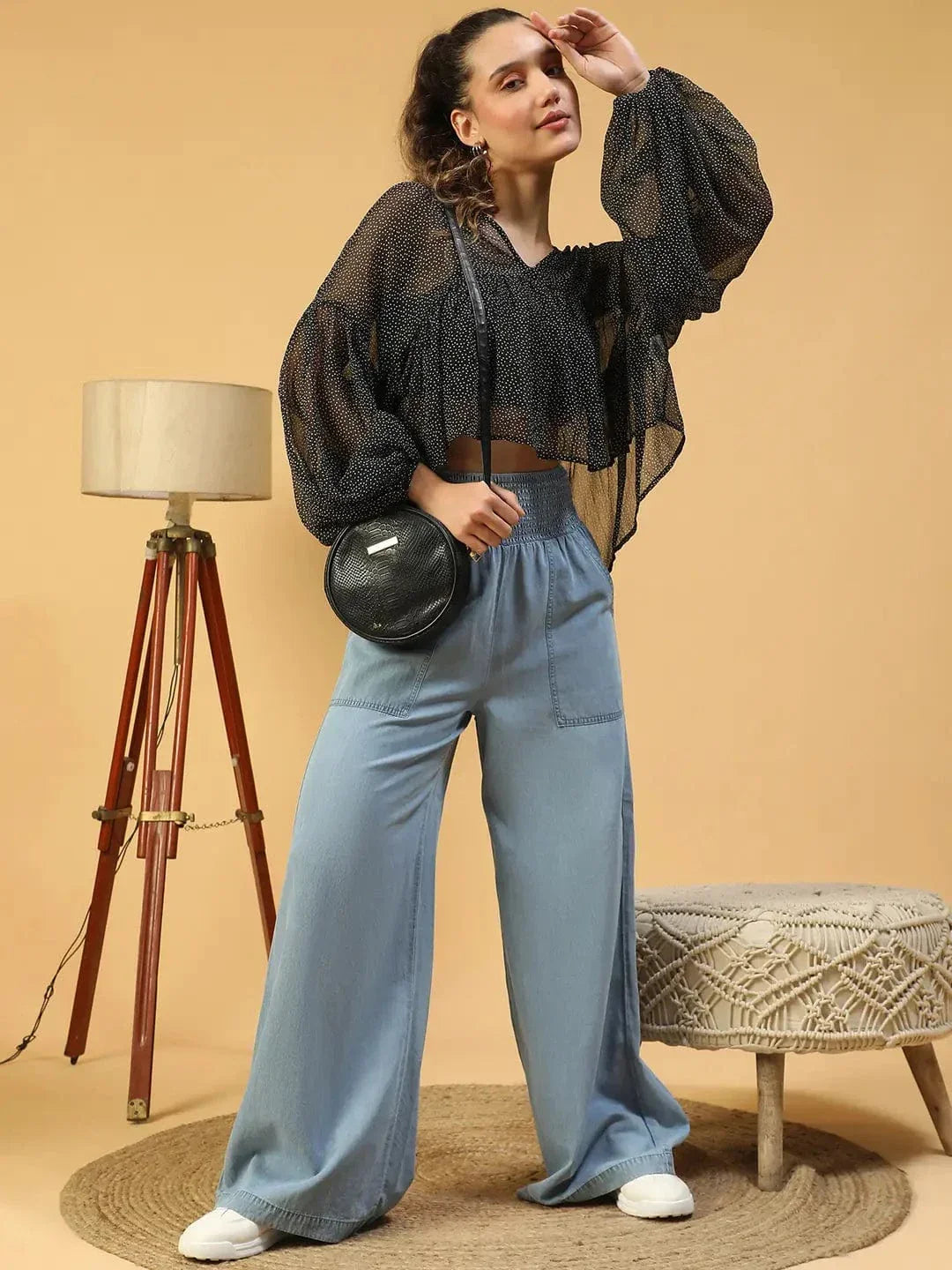 Fine Black Polka Dot Print With Long Extended Baggy Sleeve Women Chiffon Top - oxolloxo