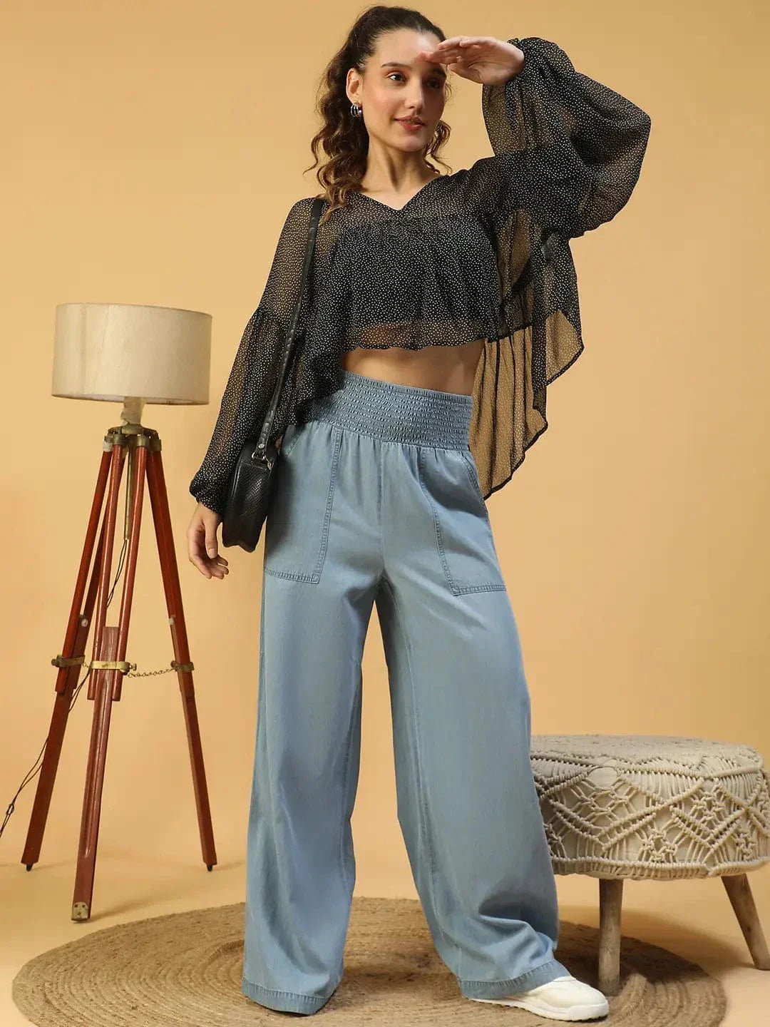 Fine Black Polka Dot Print With Long Extended Baggy Sleeve Women Chiffon Top - oxolloxo