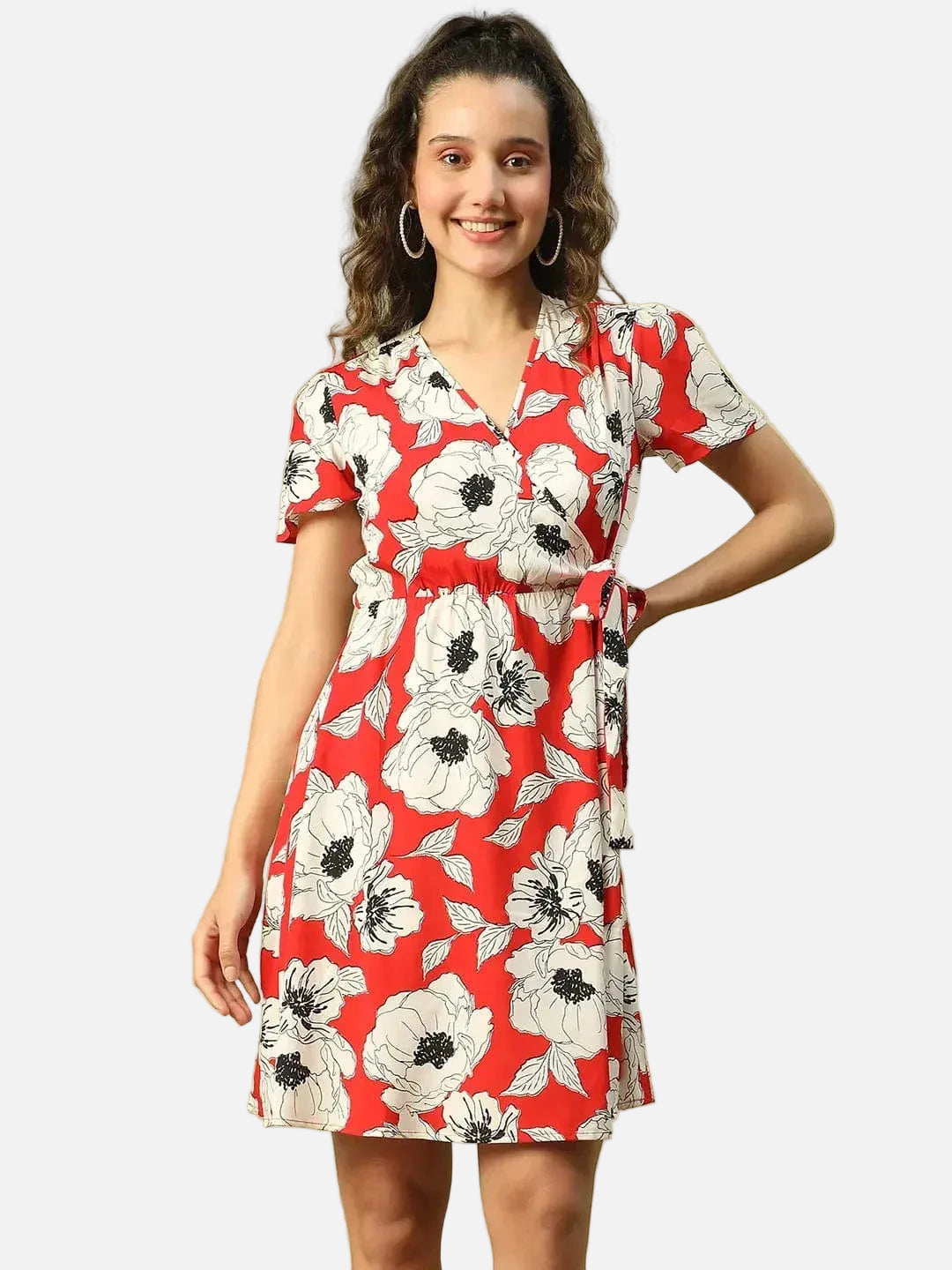 Women Red Floral Print V-Neck Short Sleeve Elasticated Knee Length Wrap Dress With Tie-Knot Detail - oxolloxo