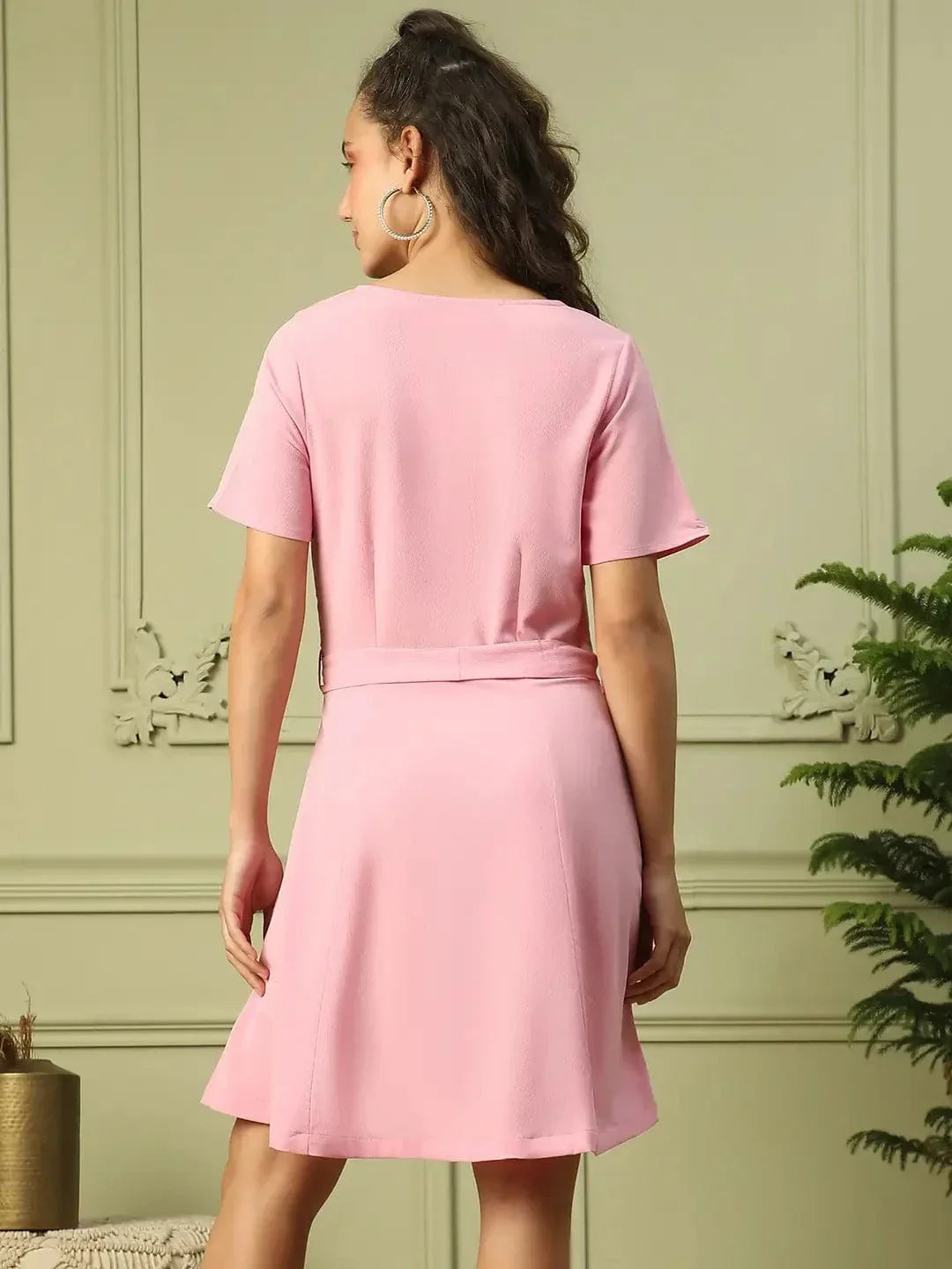 Women Light Pink Round Neck Short Sleeve Button Down Dress With Pocket Detail and Tie Knot Waist Belt - oxolloxo