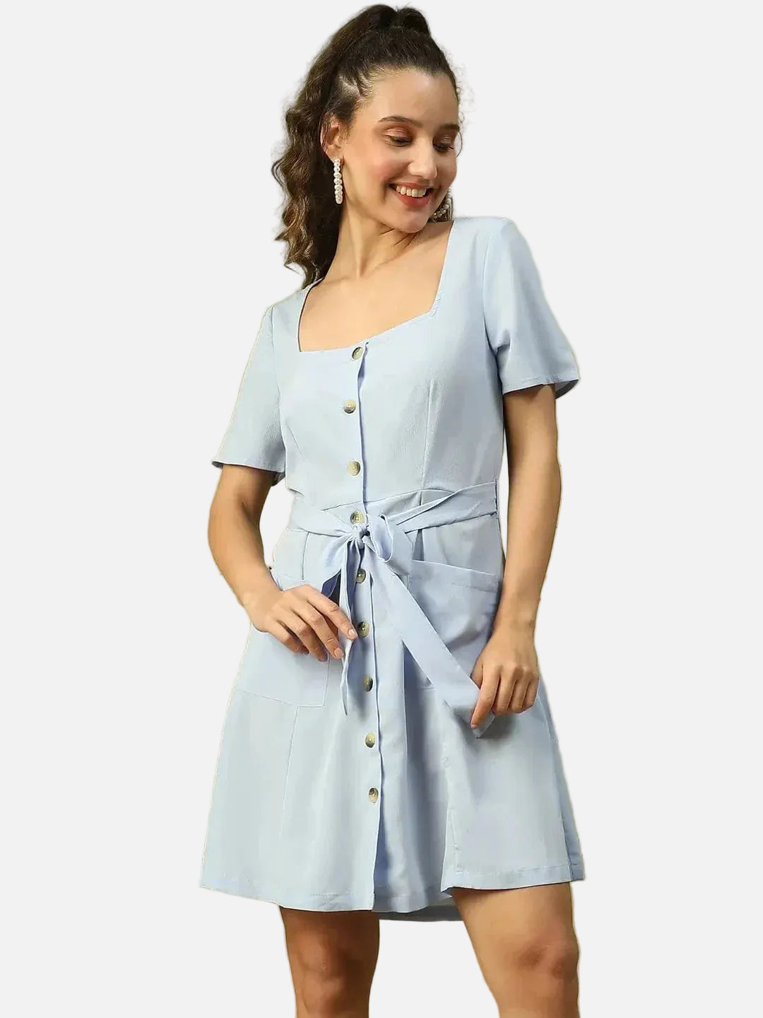 Women Blue Round Neck Short Sleeve Button Down Dress With Pocket Detail and Tie Knot Waist Belt - oxolloxo
