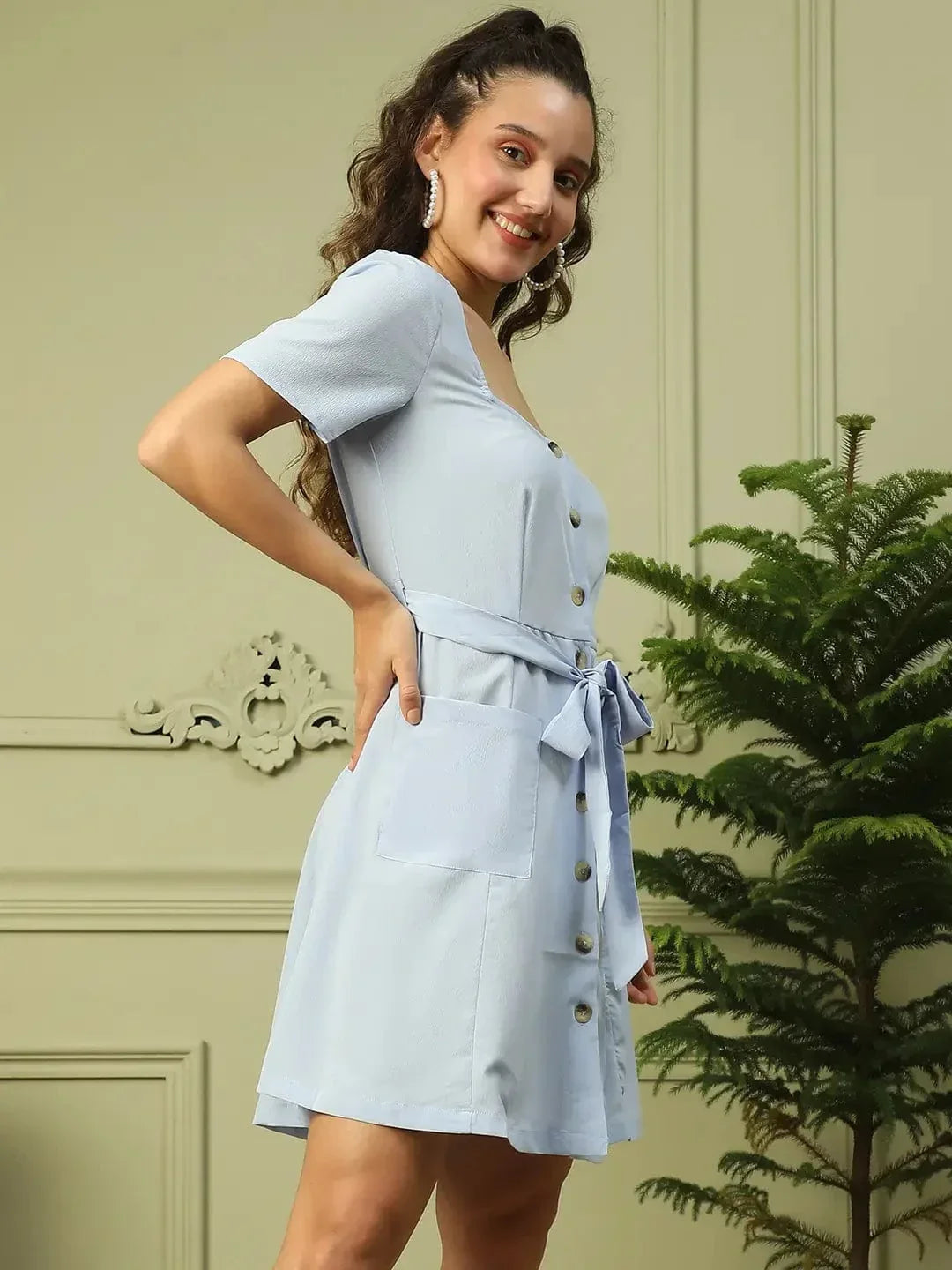 Women Blue Round Neck Short Sleeve Button Down Dress With Pocket Detail and Tie Knot Waist Belt   oxolloxo