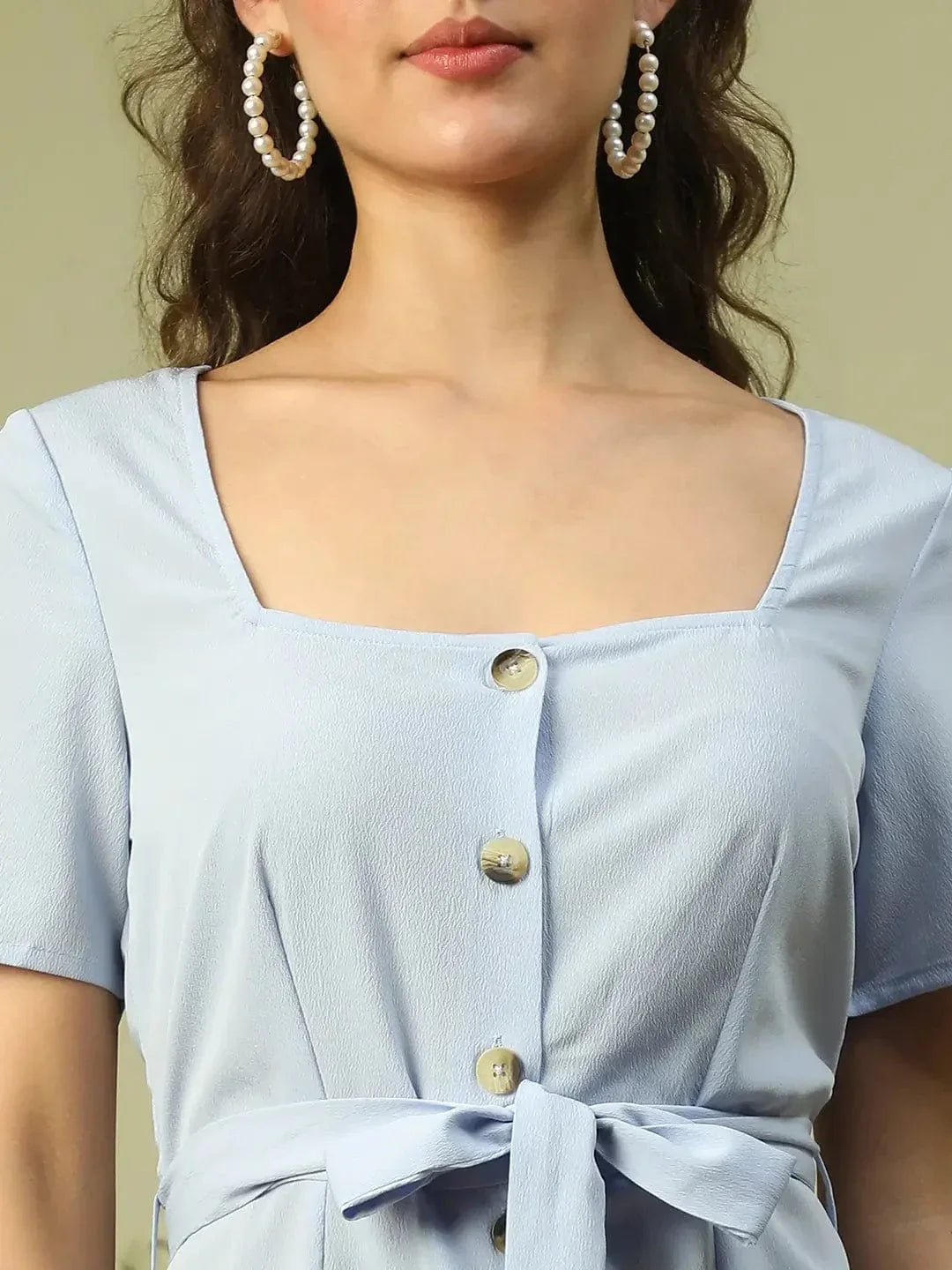 Women Blue Round Neck Short Sleeve Button Down Dress With Pocket Detail and Tie Knot Waist Belt   oxolloxo