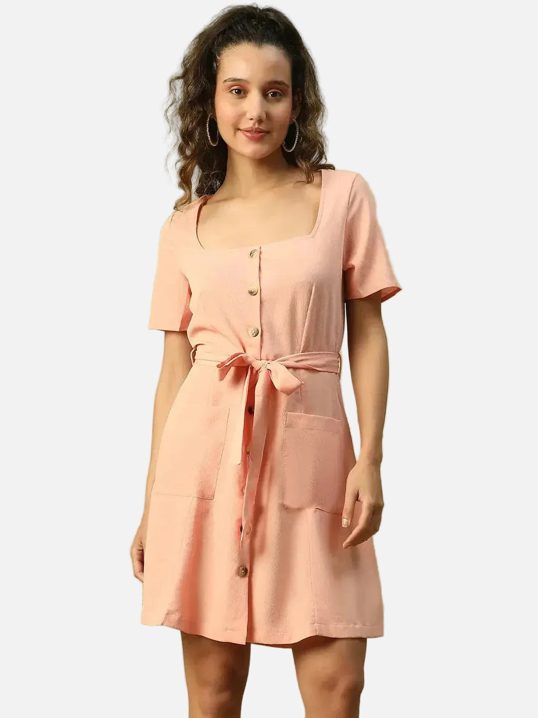 Women Peach Round Neck Short Sleeve Button Down Dress With Pocket Detail and Tie Knot Waist Belt - oxolloxo