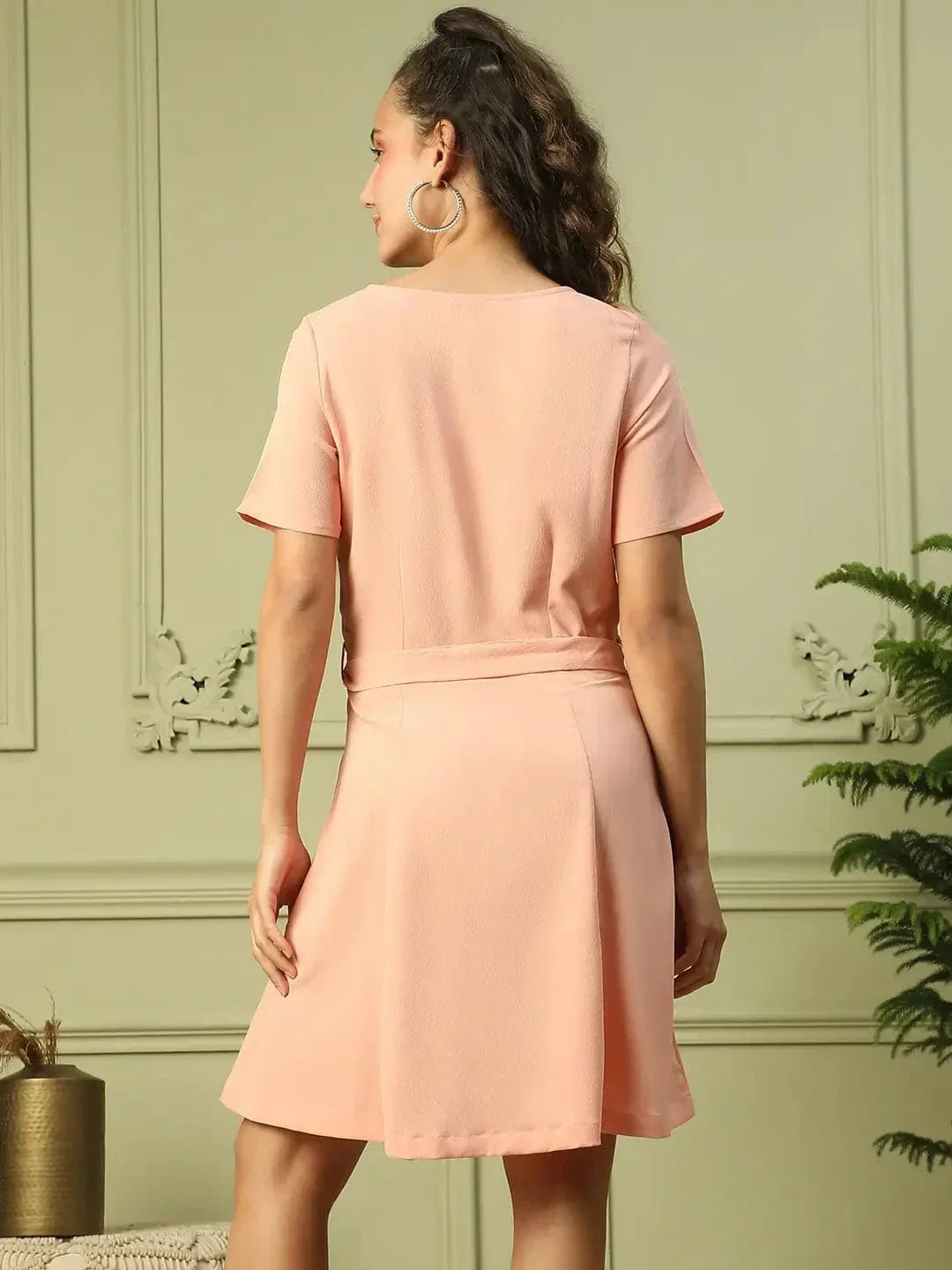 Women Peach Round Neck Short Sleeve Button Down Dress With Pocket Detail and Tie Knot Waist Belt   oxolloxo
