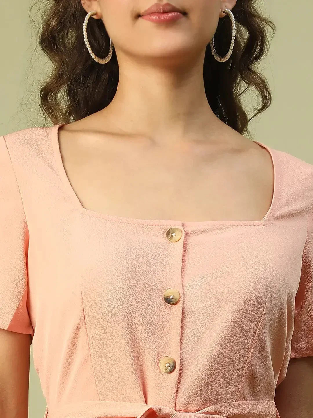 Women Peach Round Neck Short Sleeve Button Down Dress With Pocket Detail and Tie Knot Waist Belt   oxolloxo