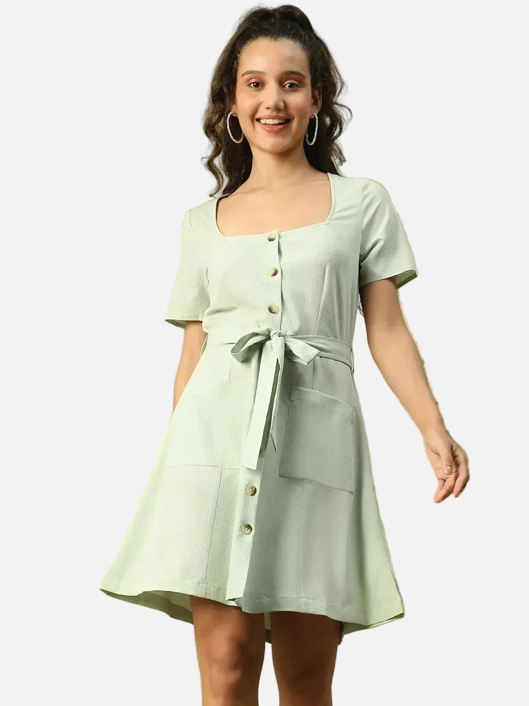 Women Sage Green Round Neck Short Sleeve Button Down Dress With Pocket Detail and Tie Knot Waist Belt - oxolloxo