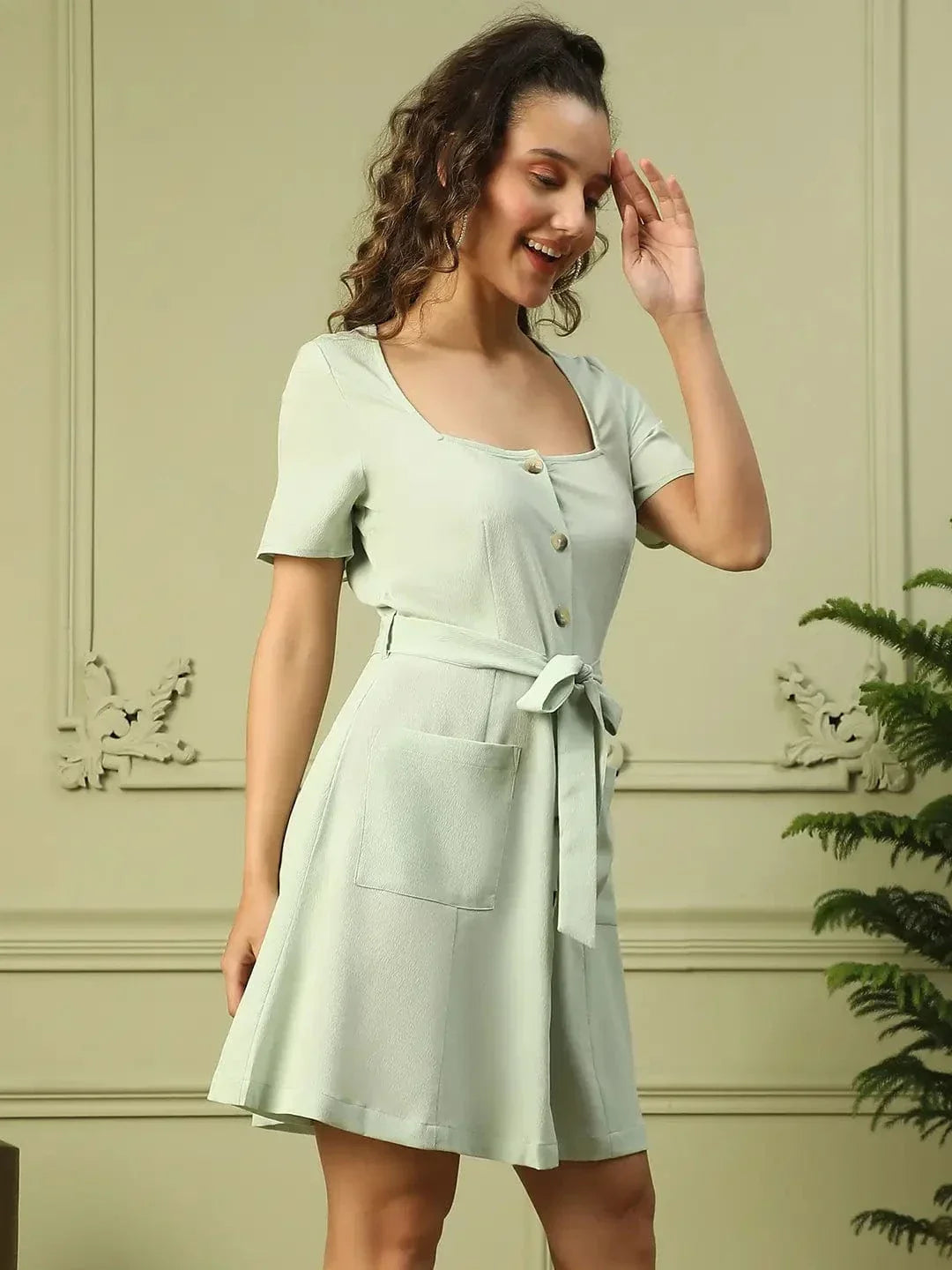 Women Sage Green Round Neck Short Sleeve Button Down Dress With Pocket Detail and Tie Knot Waist Belt   oxolloxo