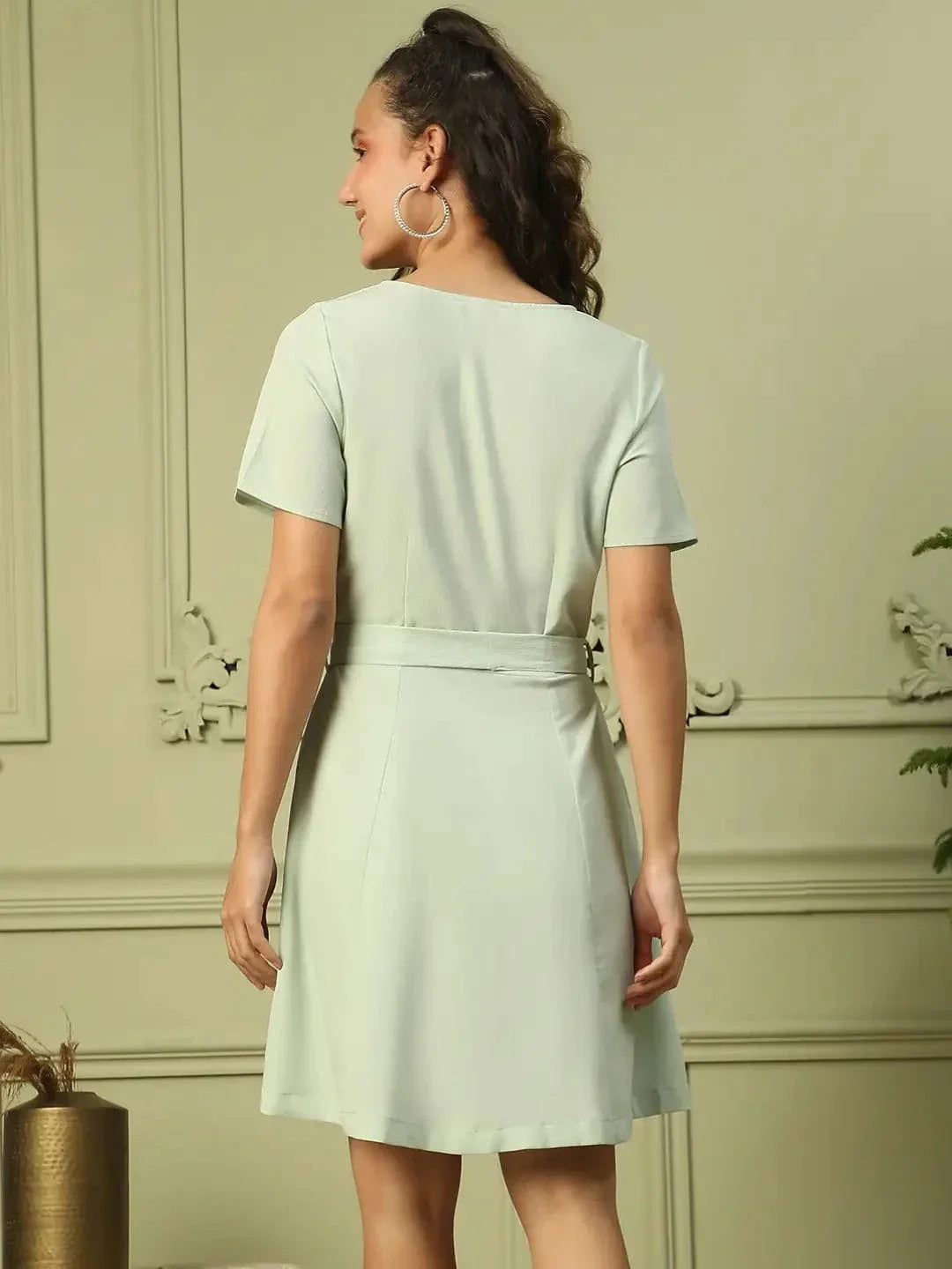 Women Sage Green Round Neck Short Sleeve Button Down Dress With Pocket Detail and Tie Knot Waist Belt   oxolloxo