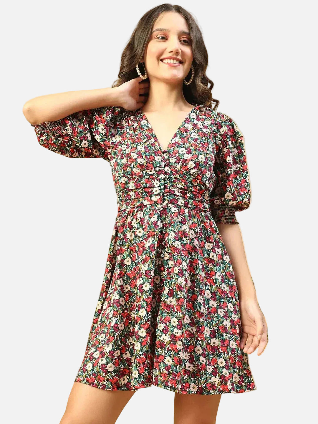 Women Multicolor Floral Print V-Neck Dress with 3/4 Sleeves and Smocked Button-Down Detail - oxolloxo