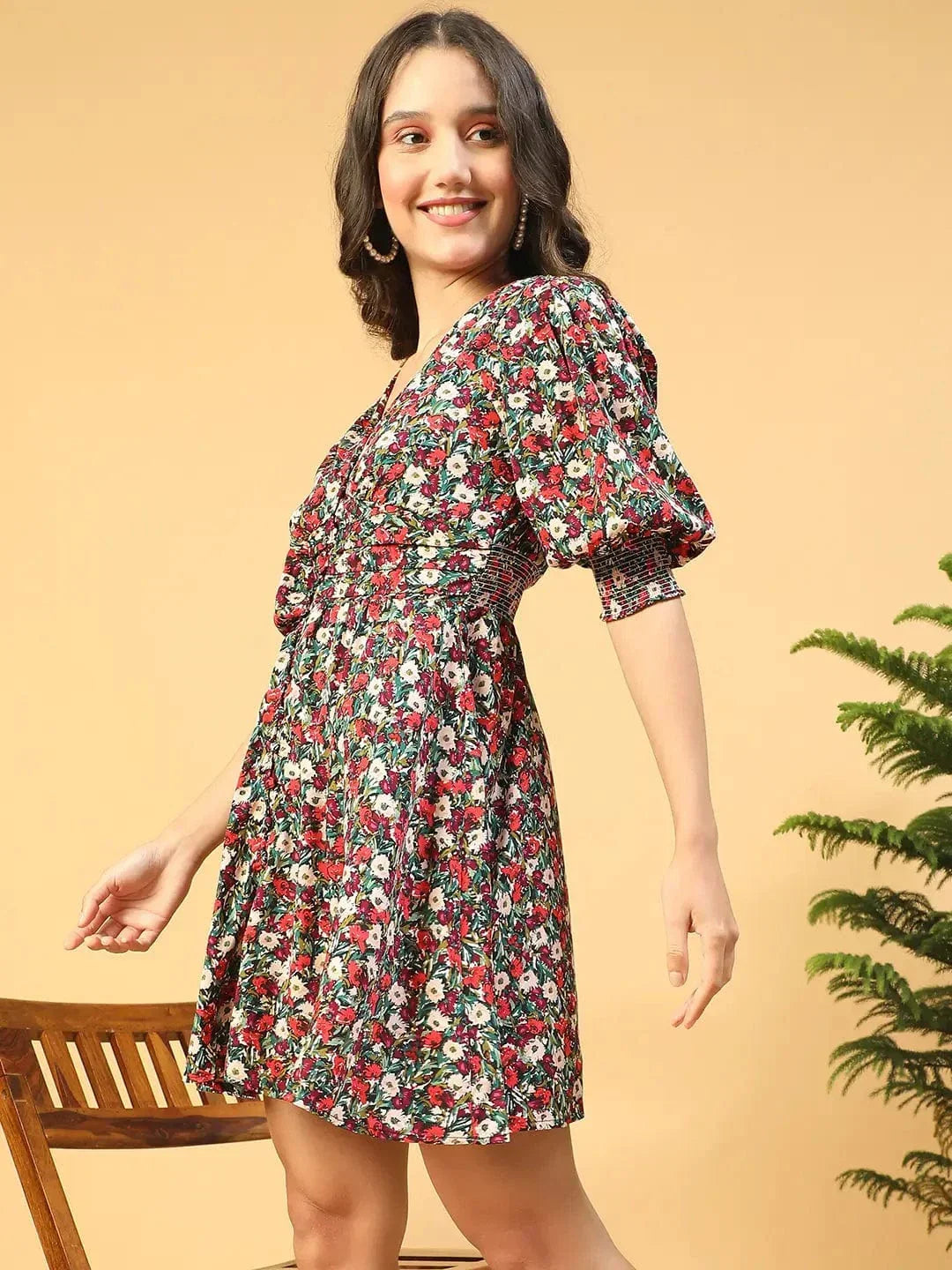 Women Multicolor Floral Print V-Neck Dress with 3/4 Sleeves and Smocked Button-Down Detail - oxolloxo