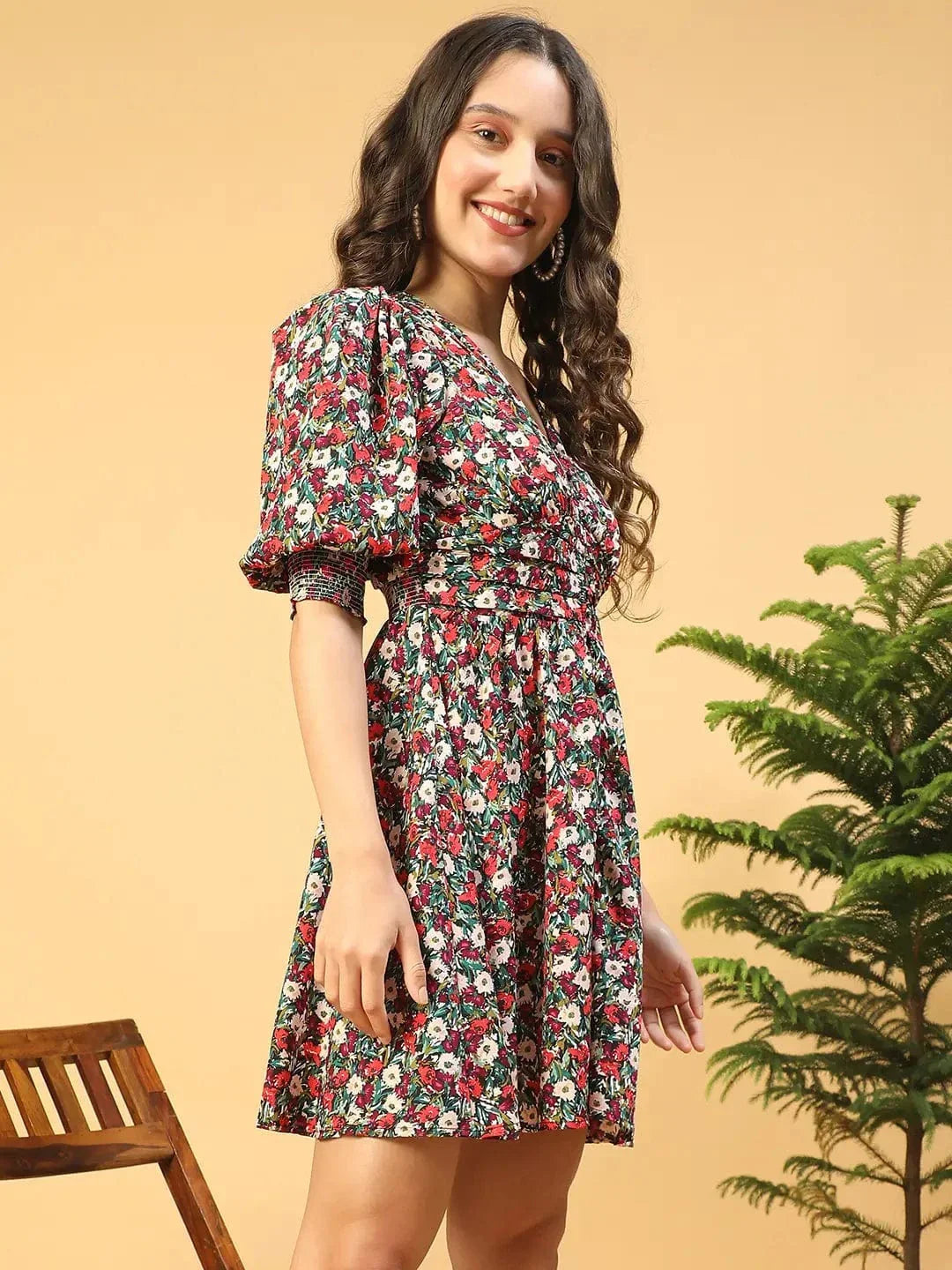 Women Multicolor Floral Print V-Neck Dress with 3/4 Sleeves and Smocked Button-Down Detail - oxolloxo
