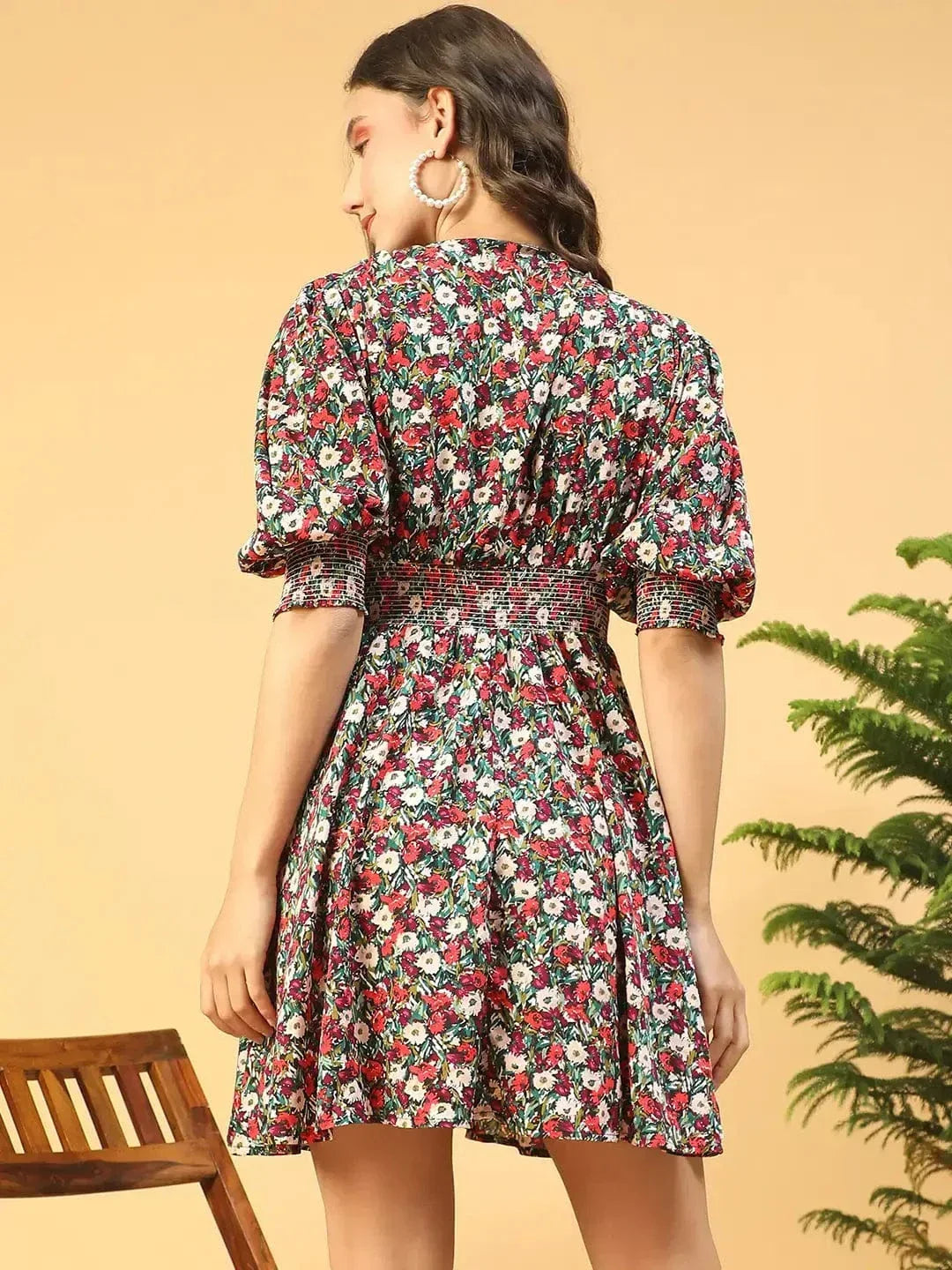 Women Multicolor Floral Print V-Neck Dress with 3/4 Sleeves and Smocked Button-Down Detail - oxolloxo