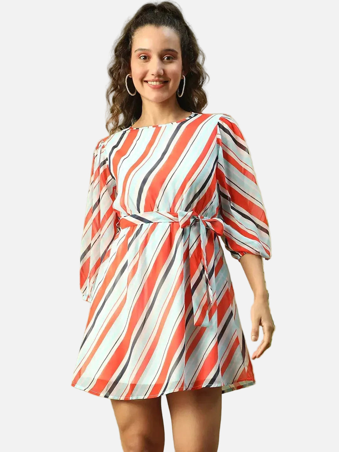 Women Multicolor Round Neck Full Sleeves Stripe Print Above Knee- Length Dress With Tie-Knot Belt - oxolloxo