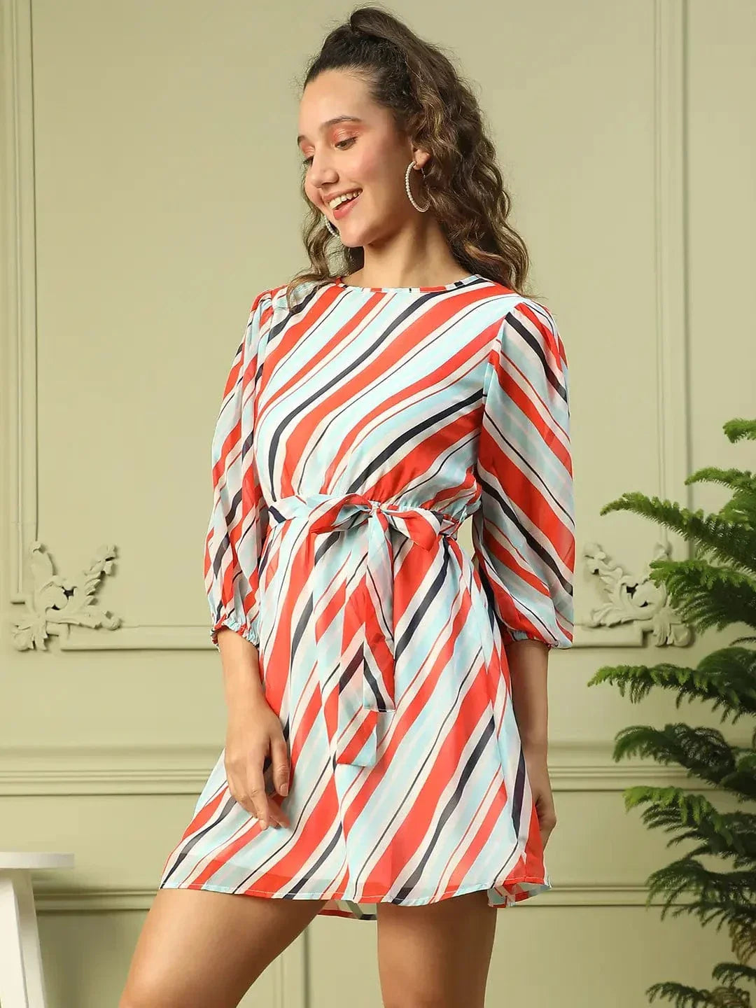 Women Multicolor Round Neck Full Sleeves Stripe Print Above Knee- Length Dress With Tie-Knot Belt - oxolloxo