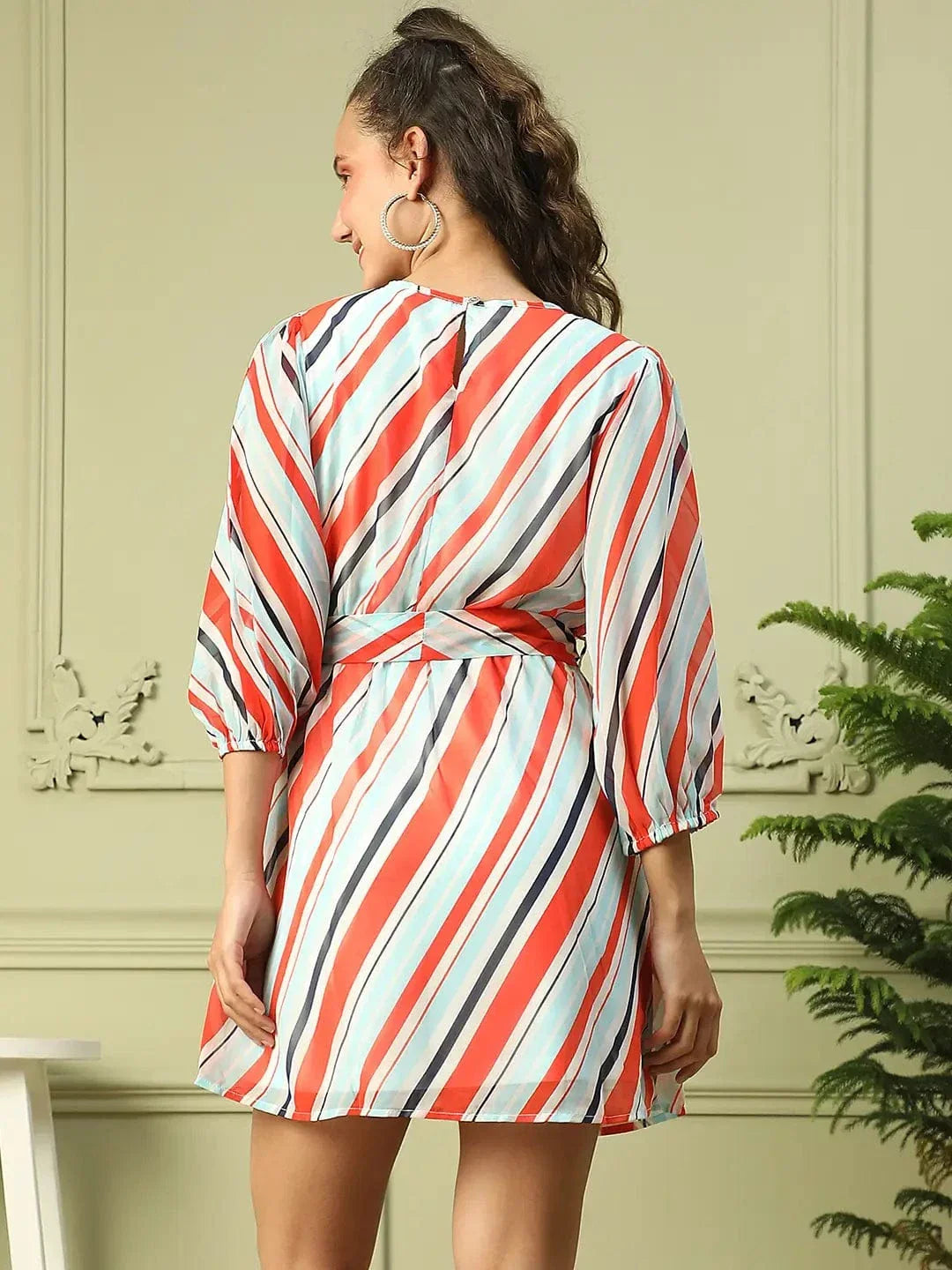 Women Multicolor Round Neck Full Sleeves Stripe Print Above Knee- Length Dress With Tie-Knot Belt - oxolloxo