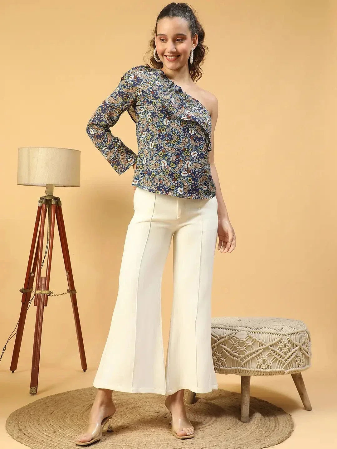 Multicolor Floral Print One -Off Shoulder Top Ruffle Women Top - oxolloxo