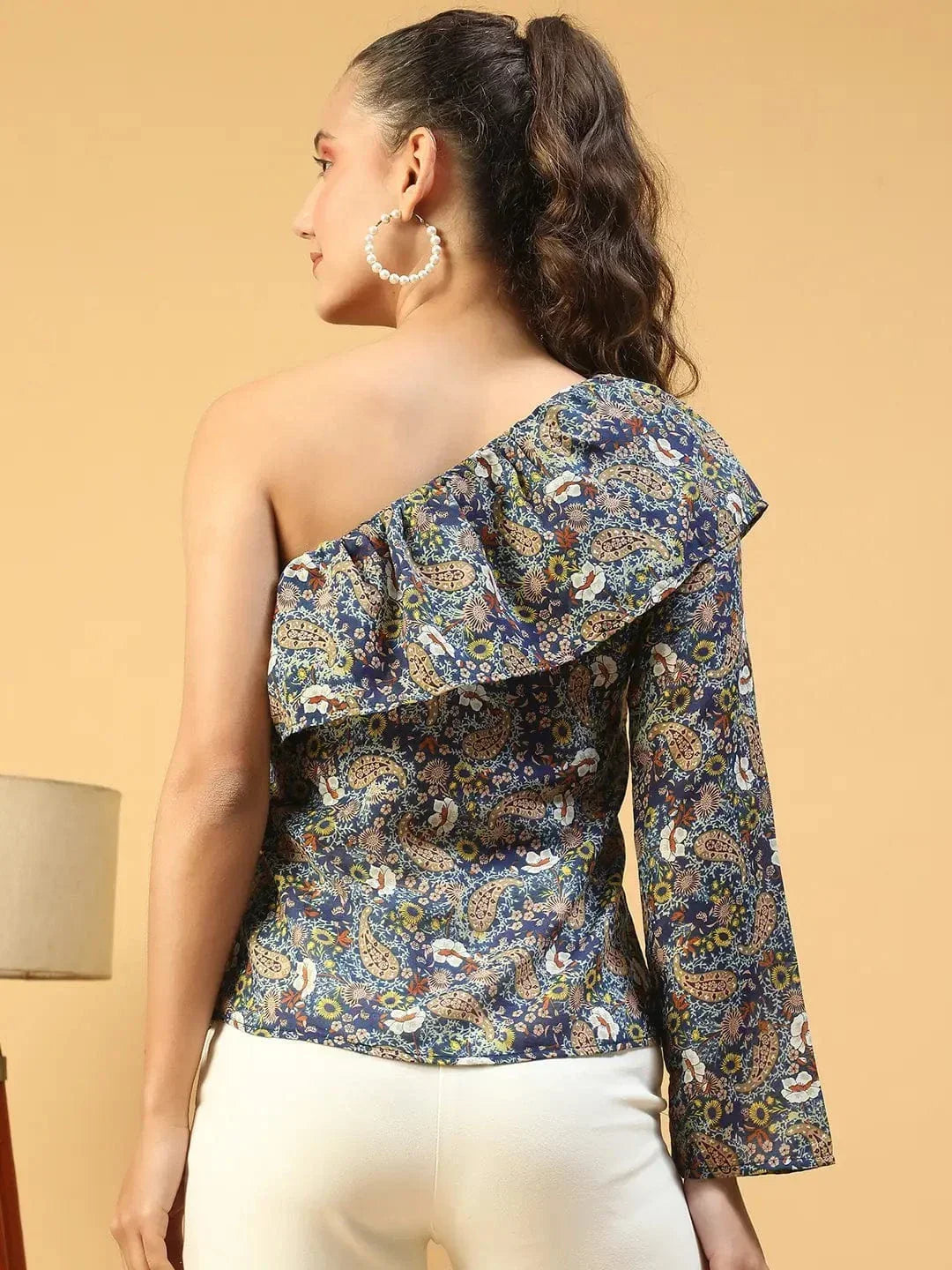 Multicolor Floral Print One -Off Shoulder Top Ruffle Women Top - oxolloxo