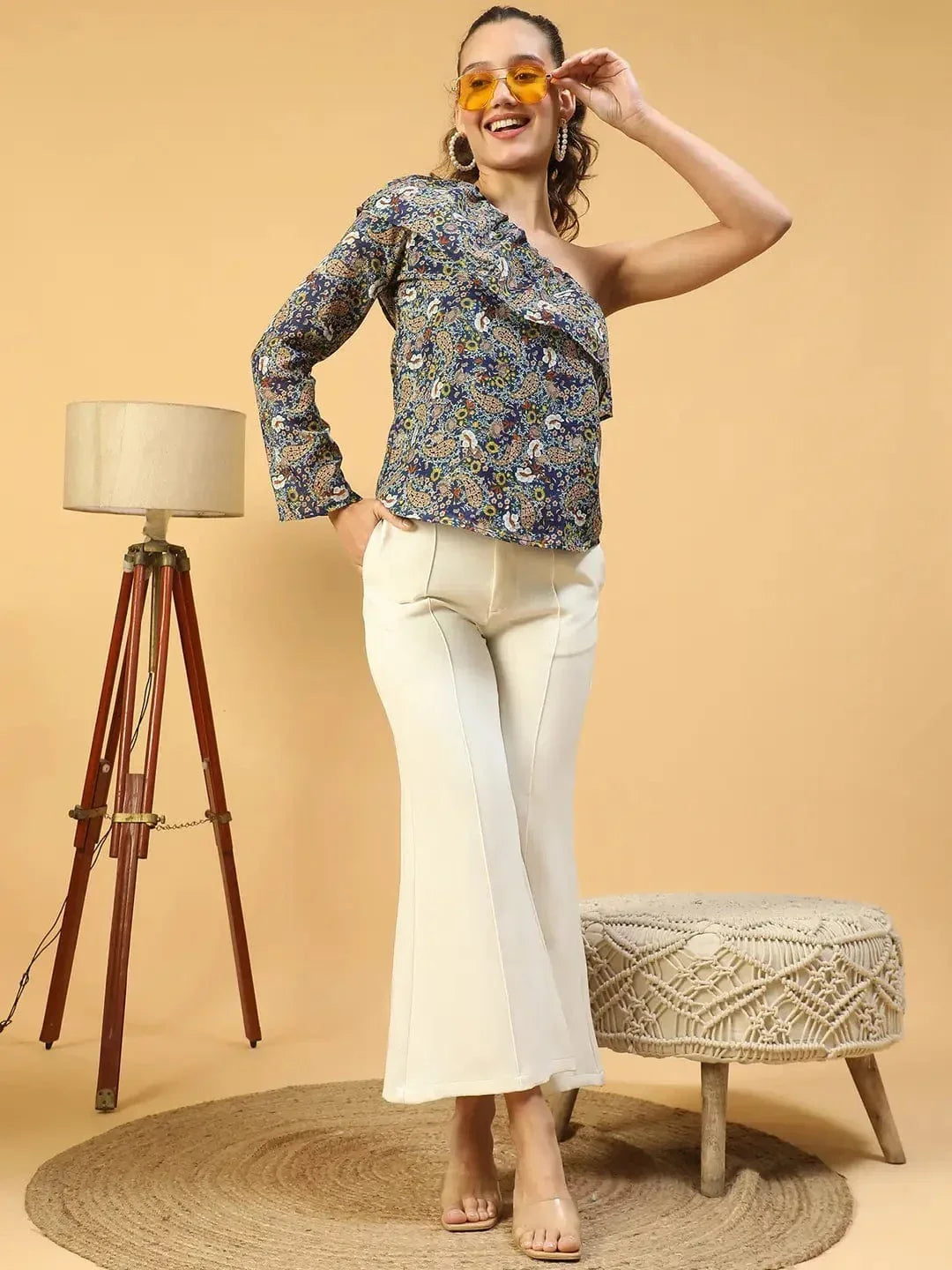 Multicolor Floral Print One -Off Shoulder Top Ruffle Women Top - oxolloxo