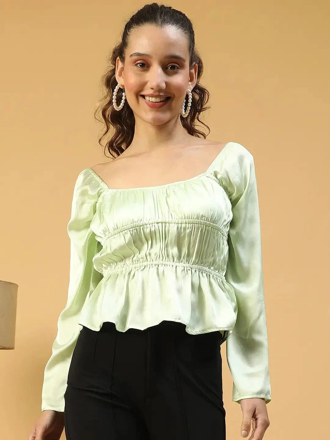 Soild Green Round Neck Long Sleeve Elasticated Sation Top - oxolloxo