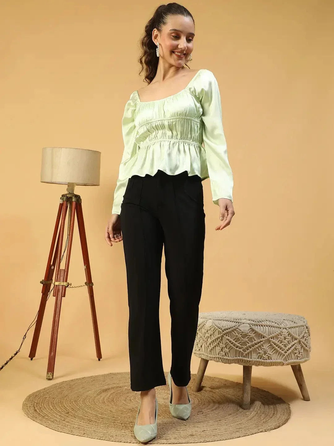 Soild Green Round Neck Long Sleeve Elasticated Sation Top - oxolloxo