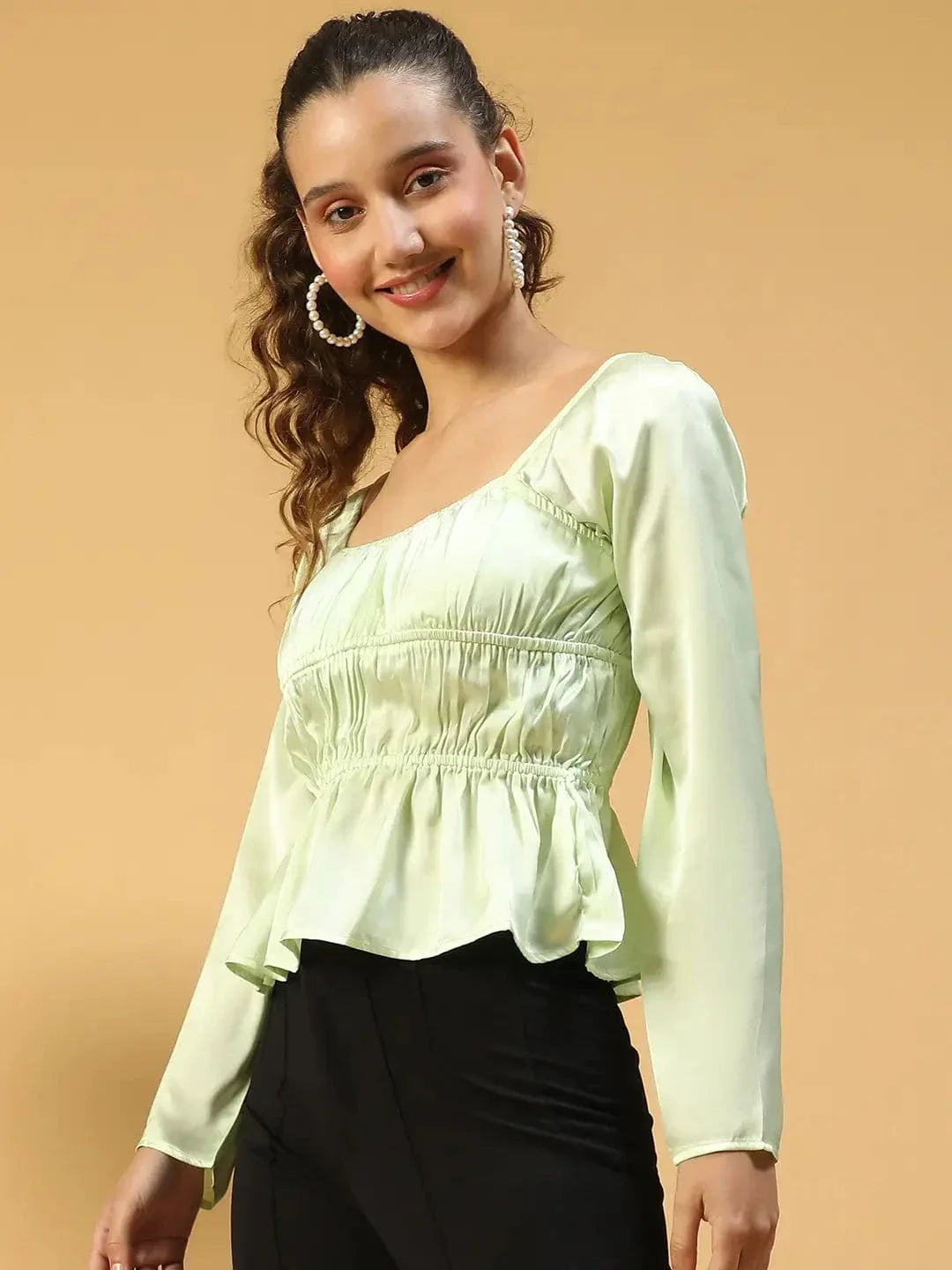 Soild Green Round Neck Long Sleeve Elasticated Sation Top - oxolloxo