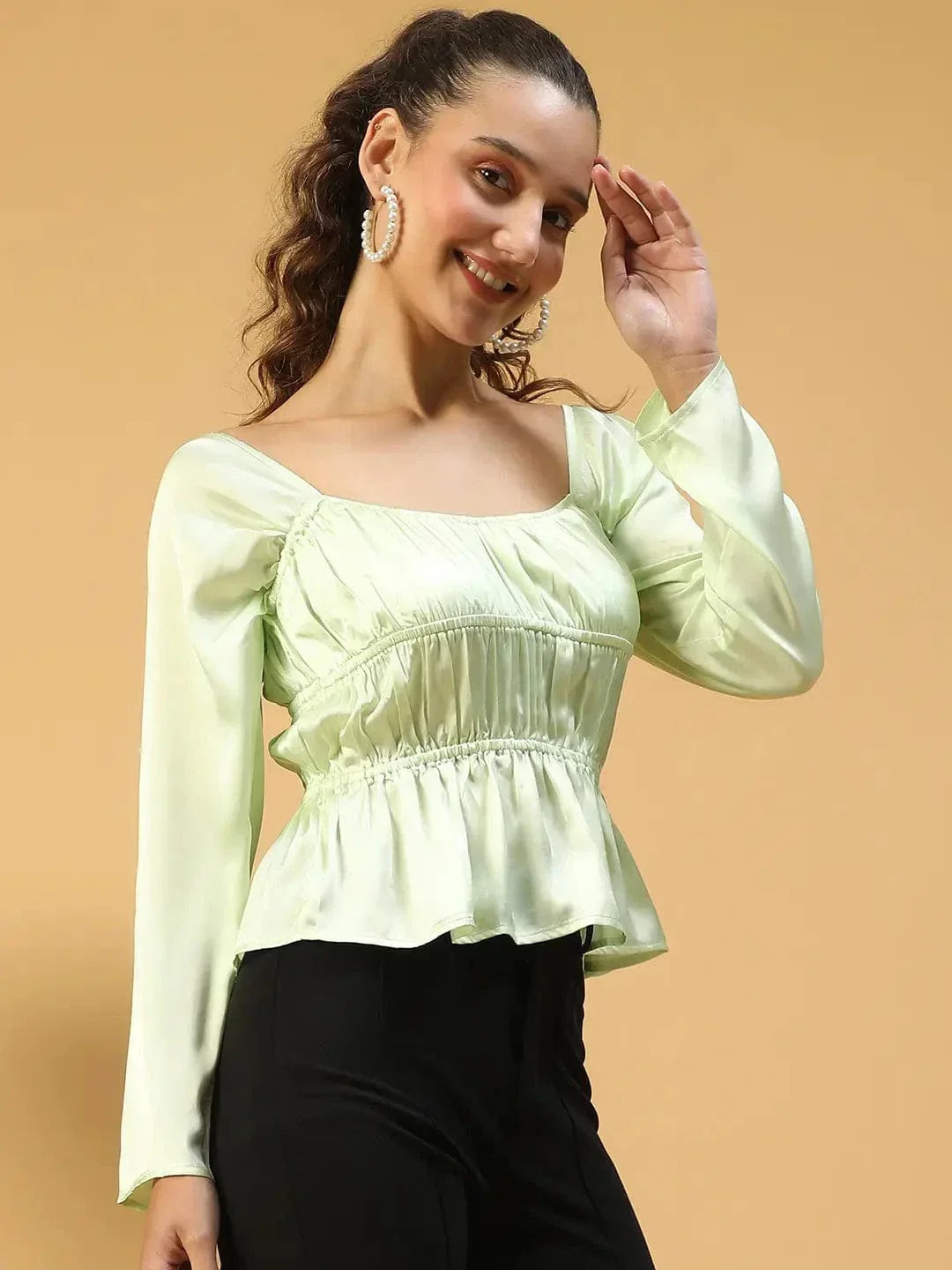 Soild Green Round Neck Long Sleeve Elasticated Sation Top - oxolloxo