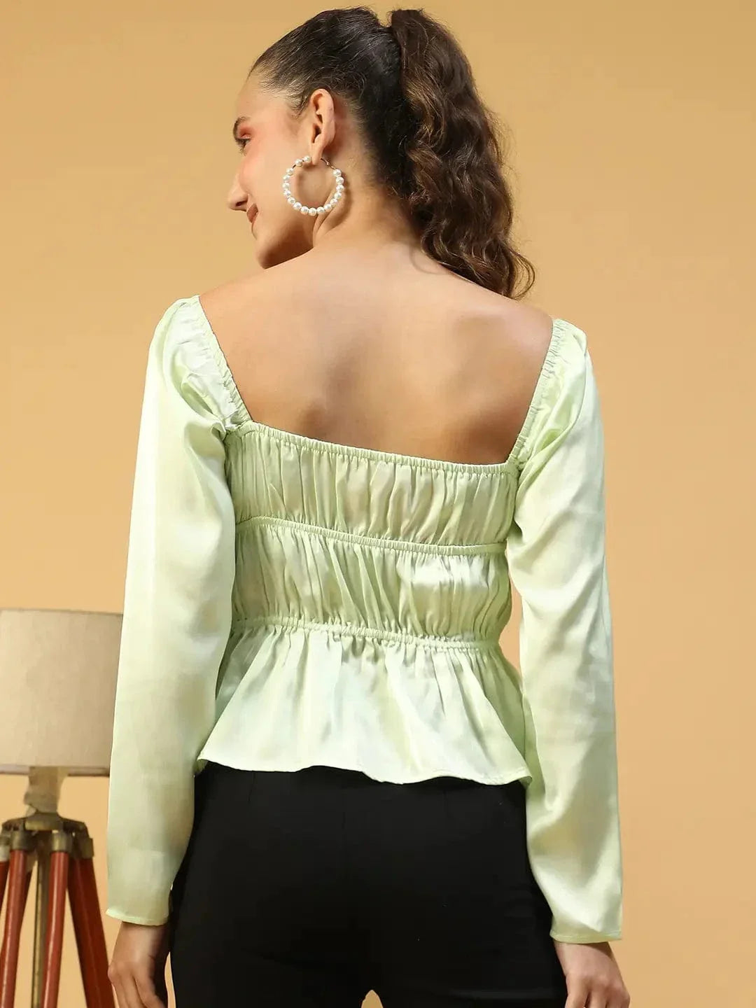 Soild Green Round Neck Long Sleeve Elasticated Sation Top - oxolloxo