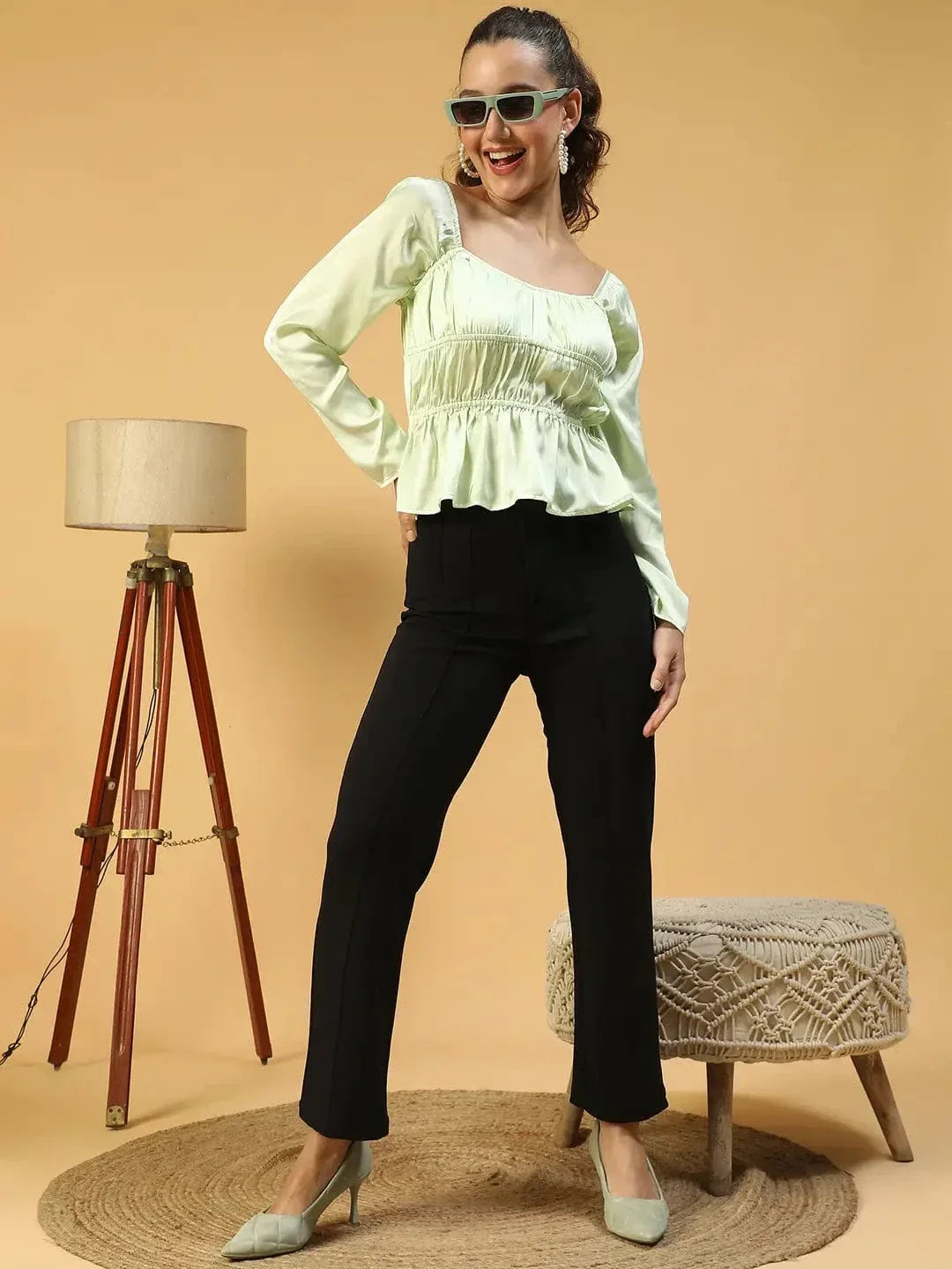 Soild Green Round Neck Long Sleeve Elasticated Sation Top - oxolloxo