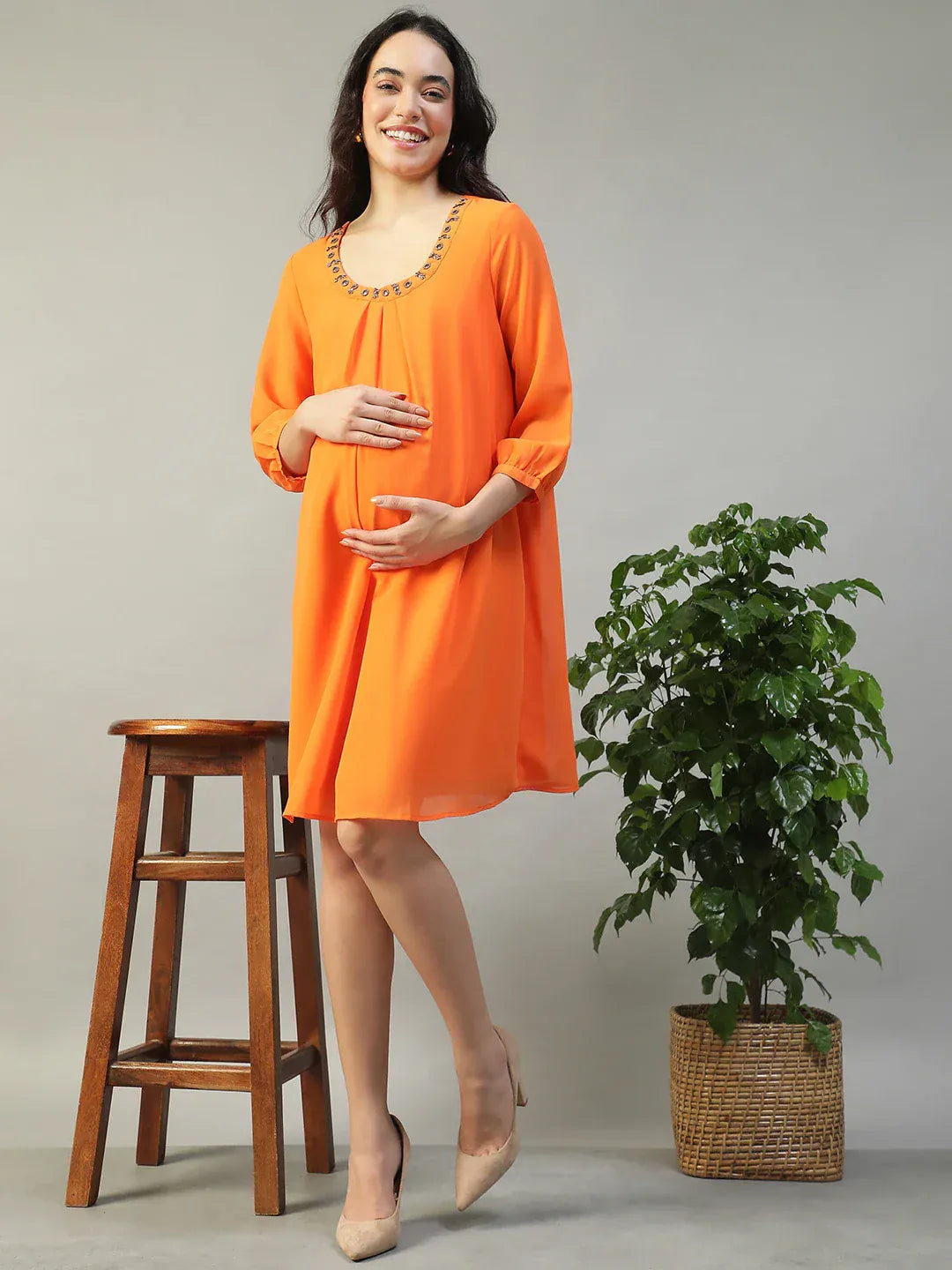 Women Orange Maternity Dress