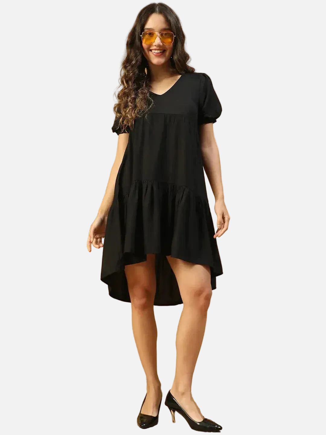 Women Soild Black V-Neck Short Sleeve High-Low Hem Cotton Dress - oxolloxo